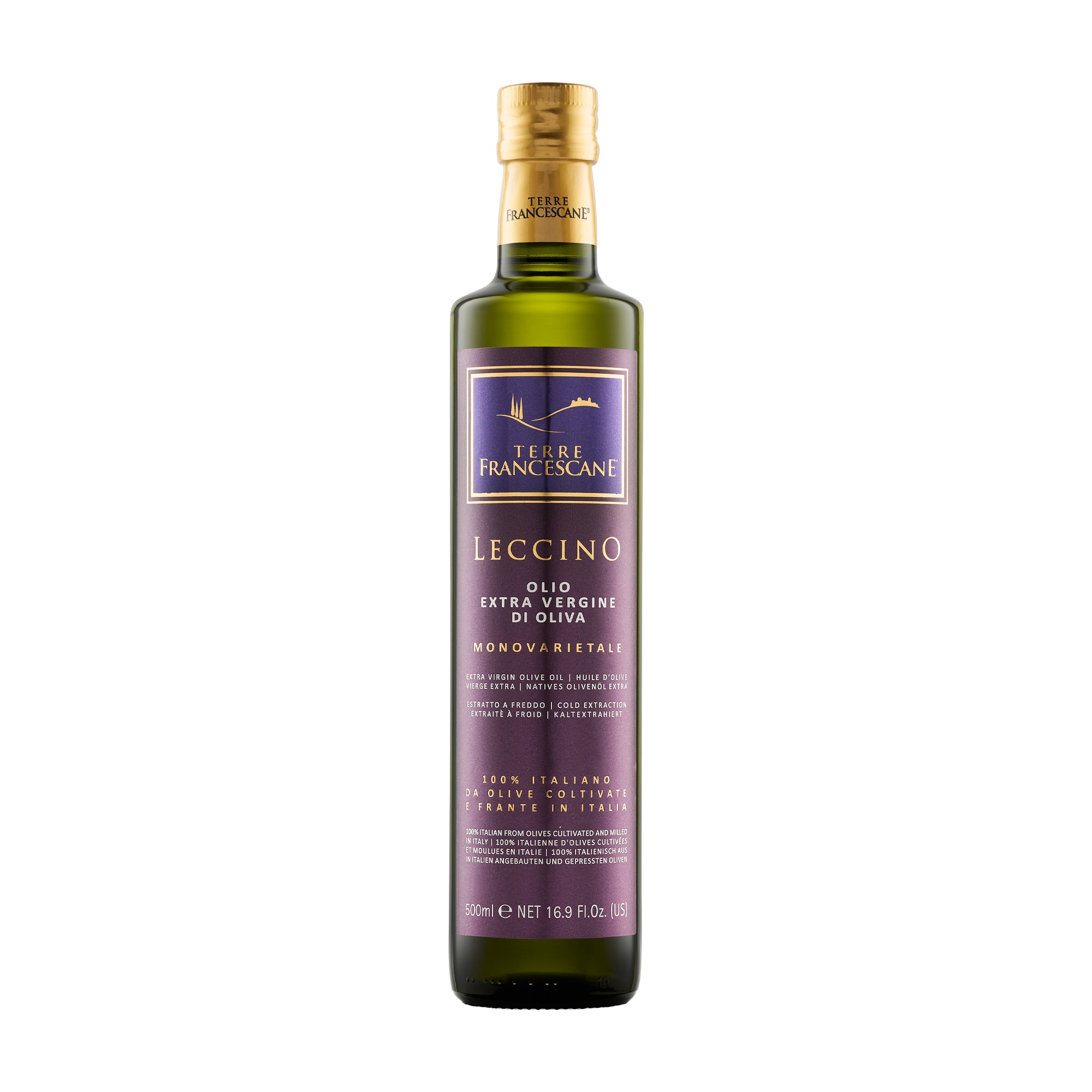 500 ml bottle of Terre Francescane Leccino extra virgin olive oil from Umbria, Italy.
