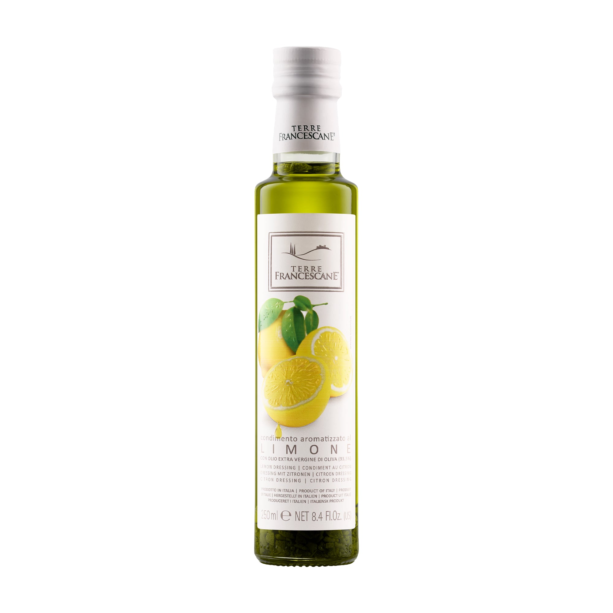 250 ml bottle of Terre Francescane Lemon infused extra virgin olive oil from Umbria, Italy.