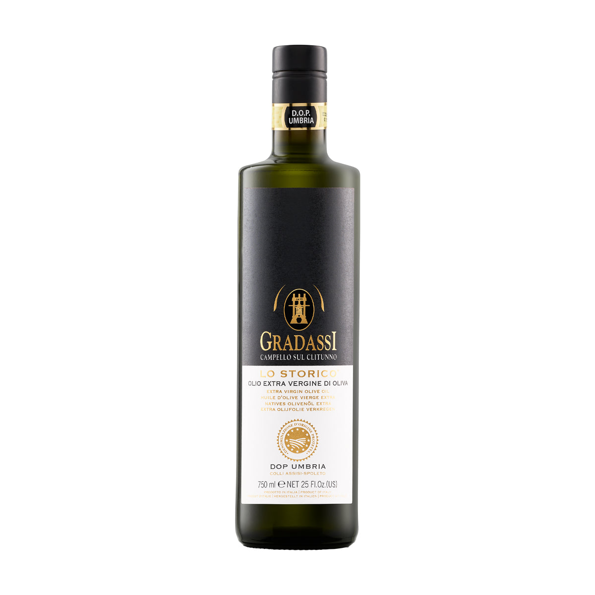 750 ml bottle of Gradassi Lo Storico DOP Assisi Spoleto extra virgin olive oil from Umbria, Italy.