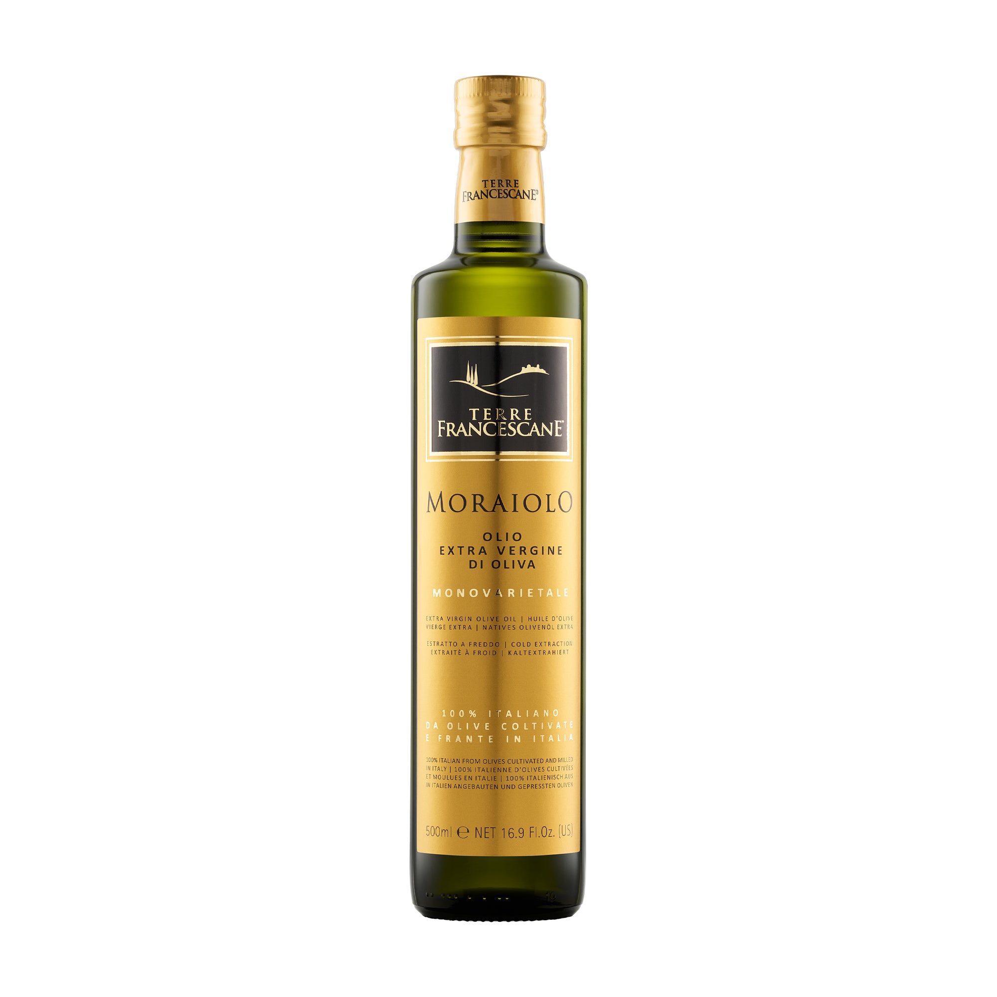 Terre Francescane Moraiolo 500 ml extra virgin olive oil bottle from Umbria, Italy.
