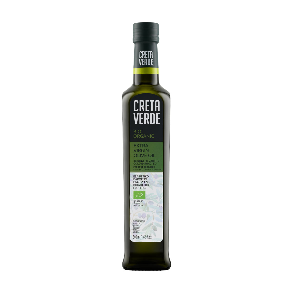 500ml bottle of Creta Verde Organic extra virgin olive oil from Crete, Greece.
