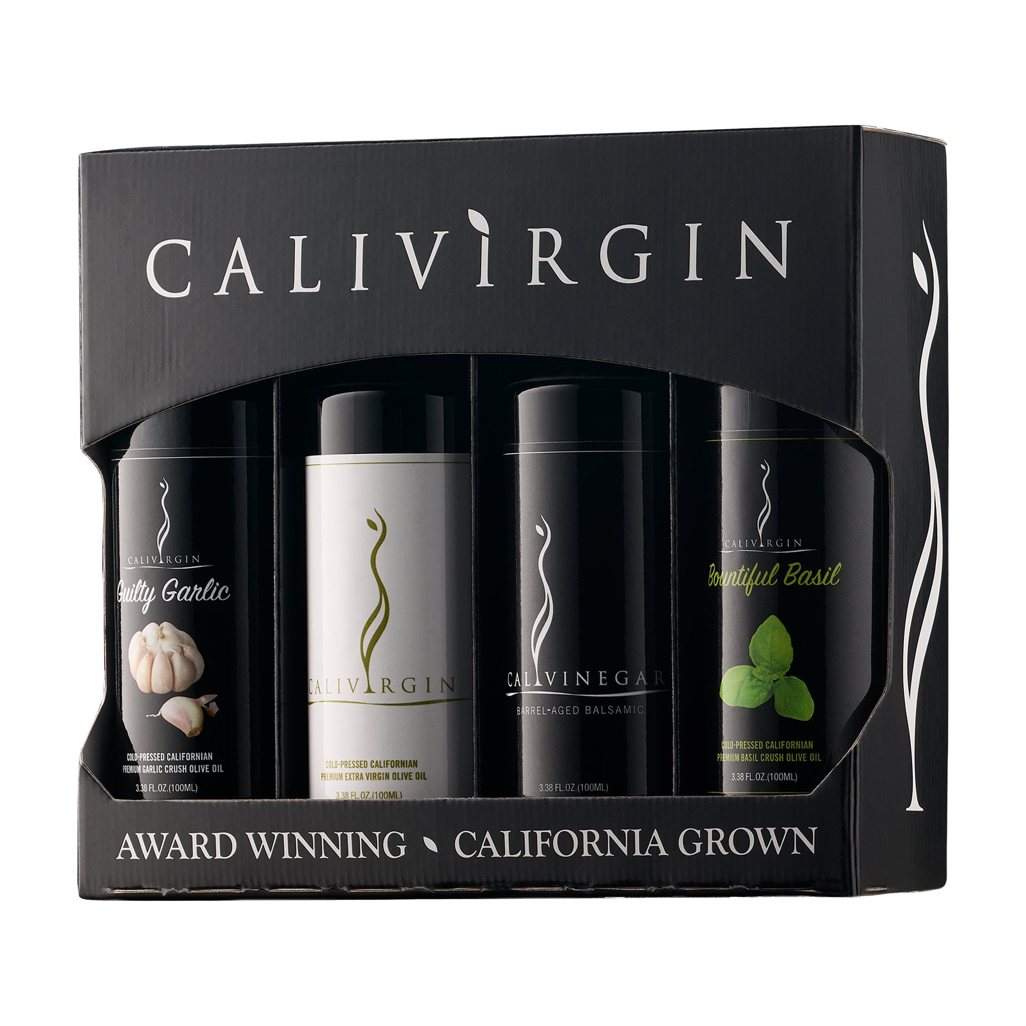 Angled view of Calivirgin gift box with four 100ml bottles of garlic olive oil, premium olive oil, balsamic vinegar, and basil olive oil.