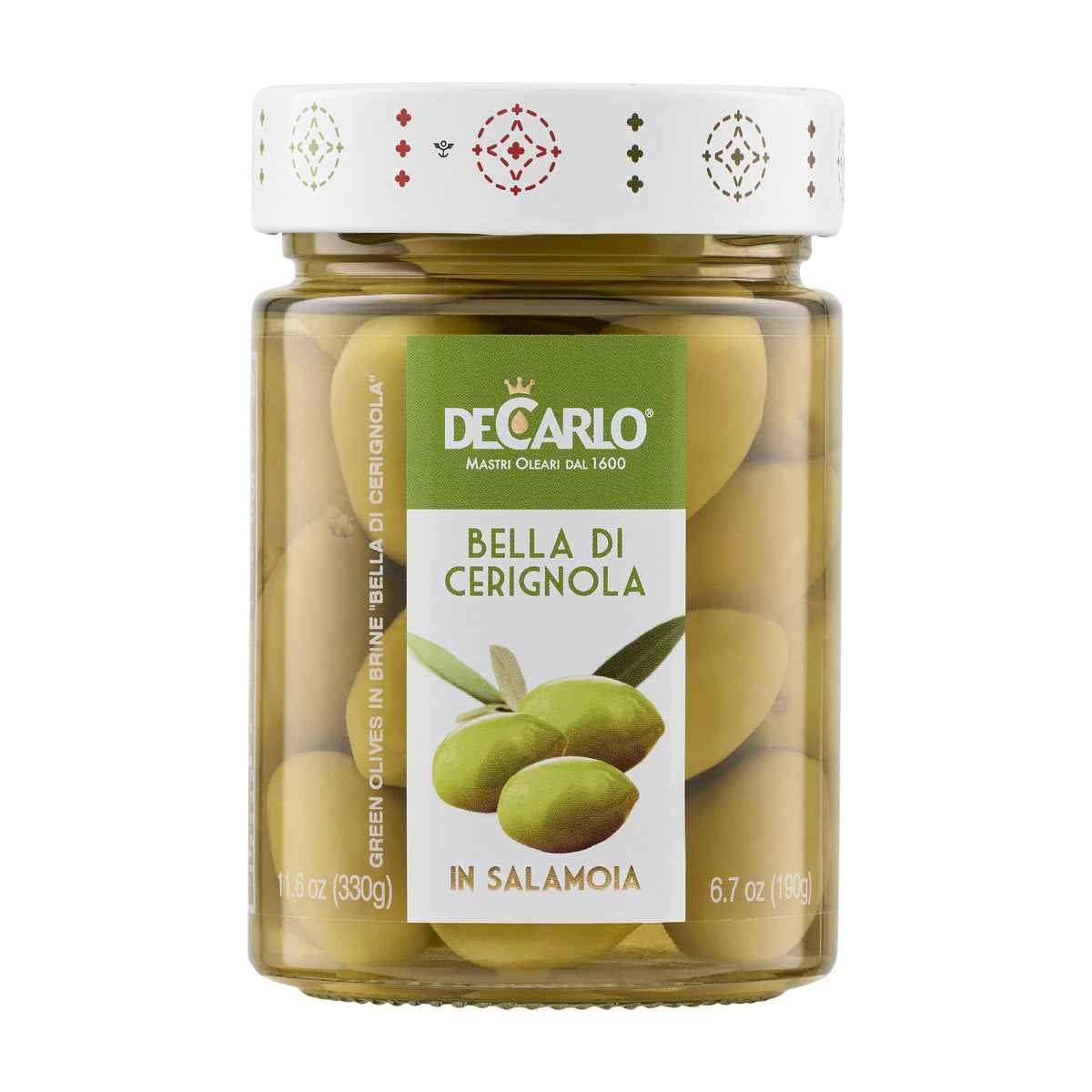 190g jar of De Carlo Bella di Cerignola Olives from Puglia, Italy.