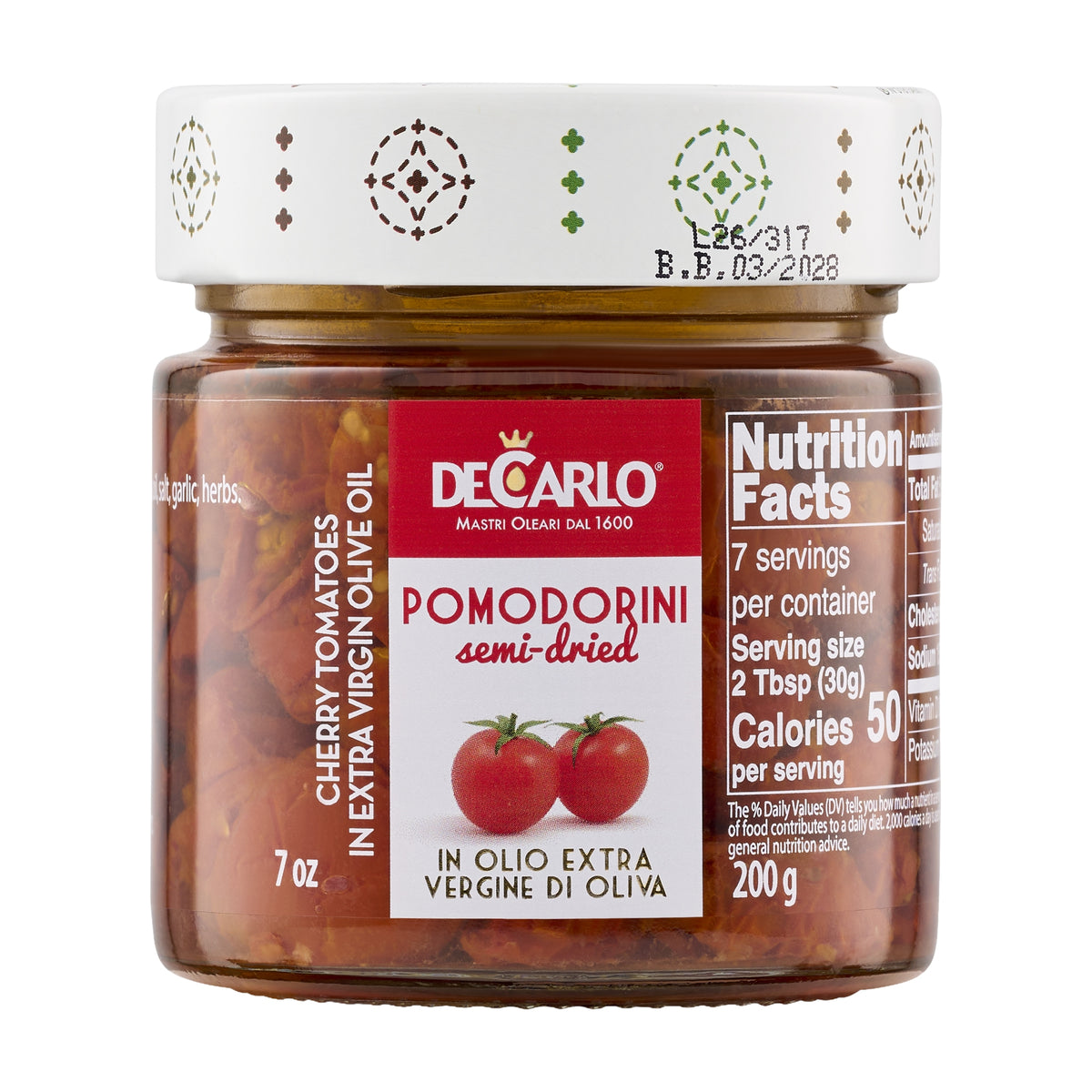 200g jar of De Carlo Pomodorini Semi-Dried Cherry Tomatoes from Puglia, Italy.