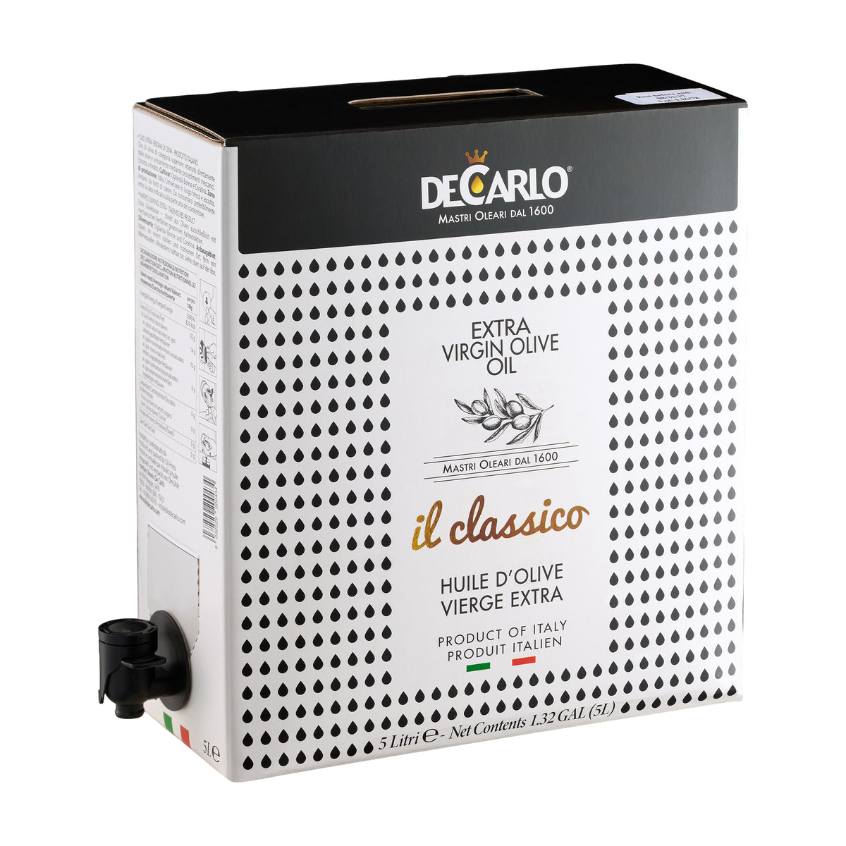 De Carlo Il Classico 5L Bag-in-Box extra virgin olive oil with dispensing spout extended.