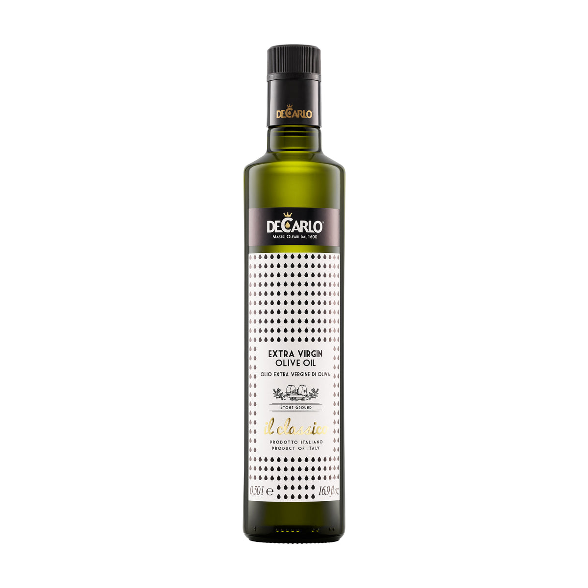500 ml bottle of De Carlo il Classico extra virgin olive oil from Puglia, Italy.