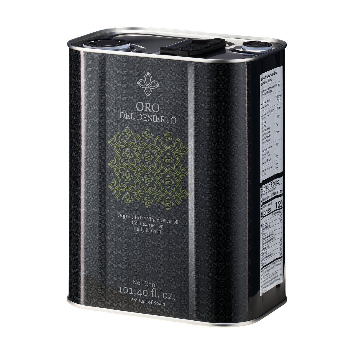 Angled view of Oro del Desierto Organic extra virgin olive oil 3L tin.