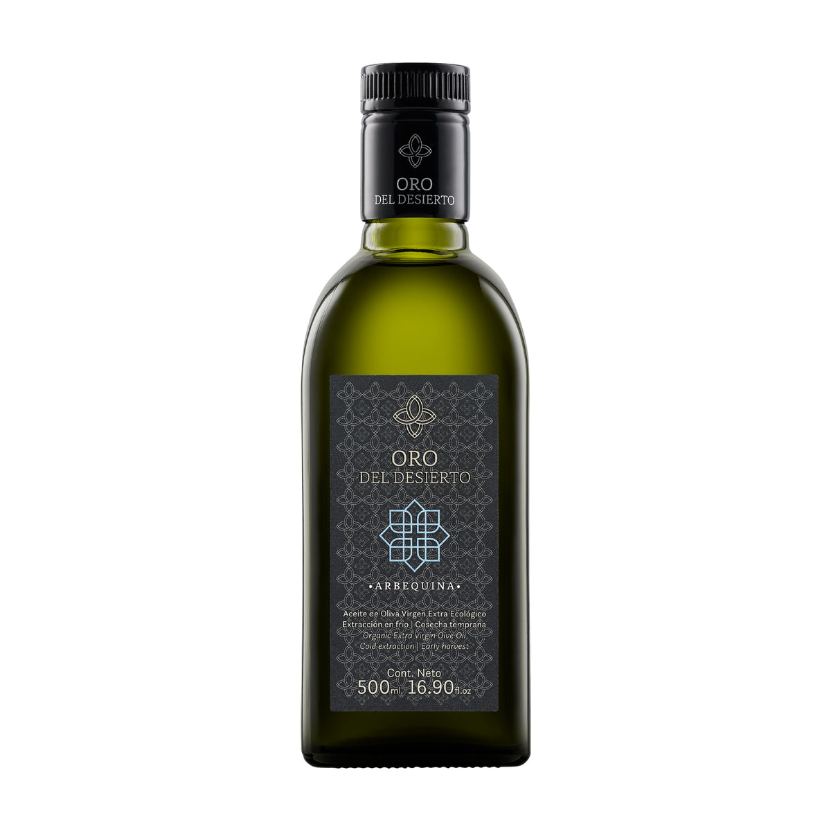 500 ml bottle of Oro del Desierto Organic Arbequina extra virgin olive oil from Andalusia, Spain.