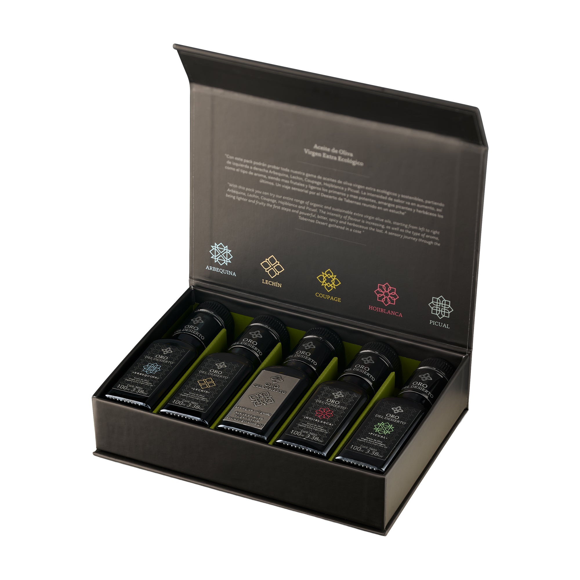 Open Oro del Desierto Organic Deluxe Gift Set with five 100 ml Spanish extra virgin olive oils.