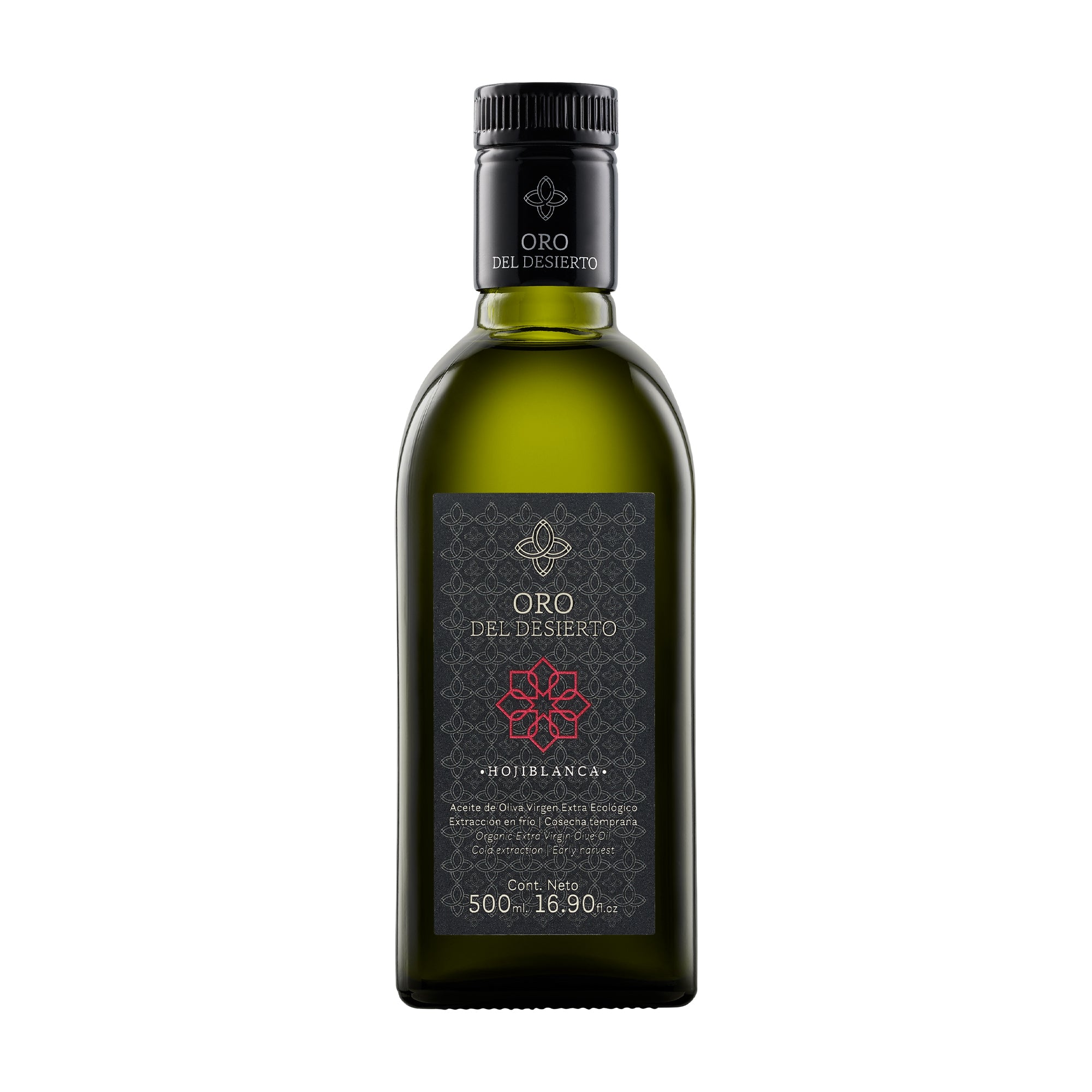 500ml bottle of Oro del Desierto Organic Hojiblanca extra virgin olive oil.