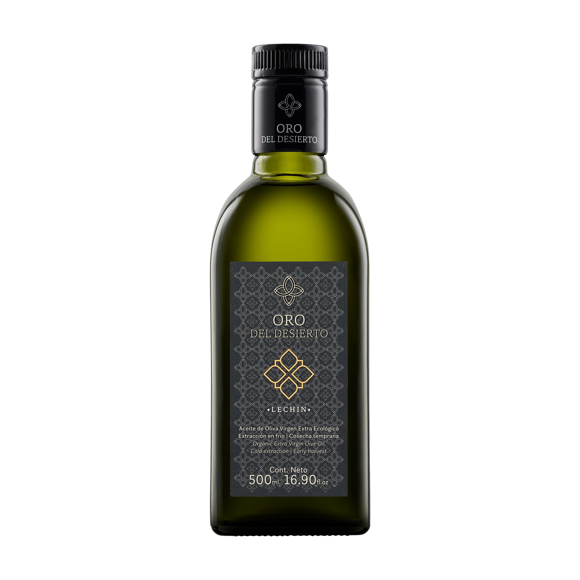 A 500 ml bottle of Oro del Desierto Organic Lechin extra virgin olive oil.
