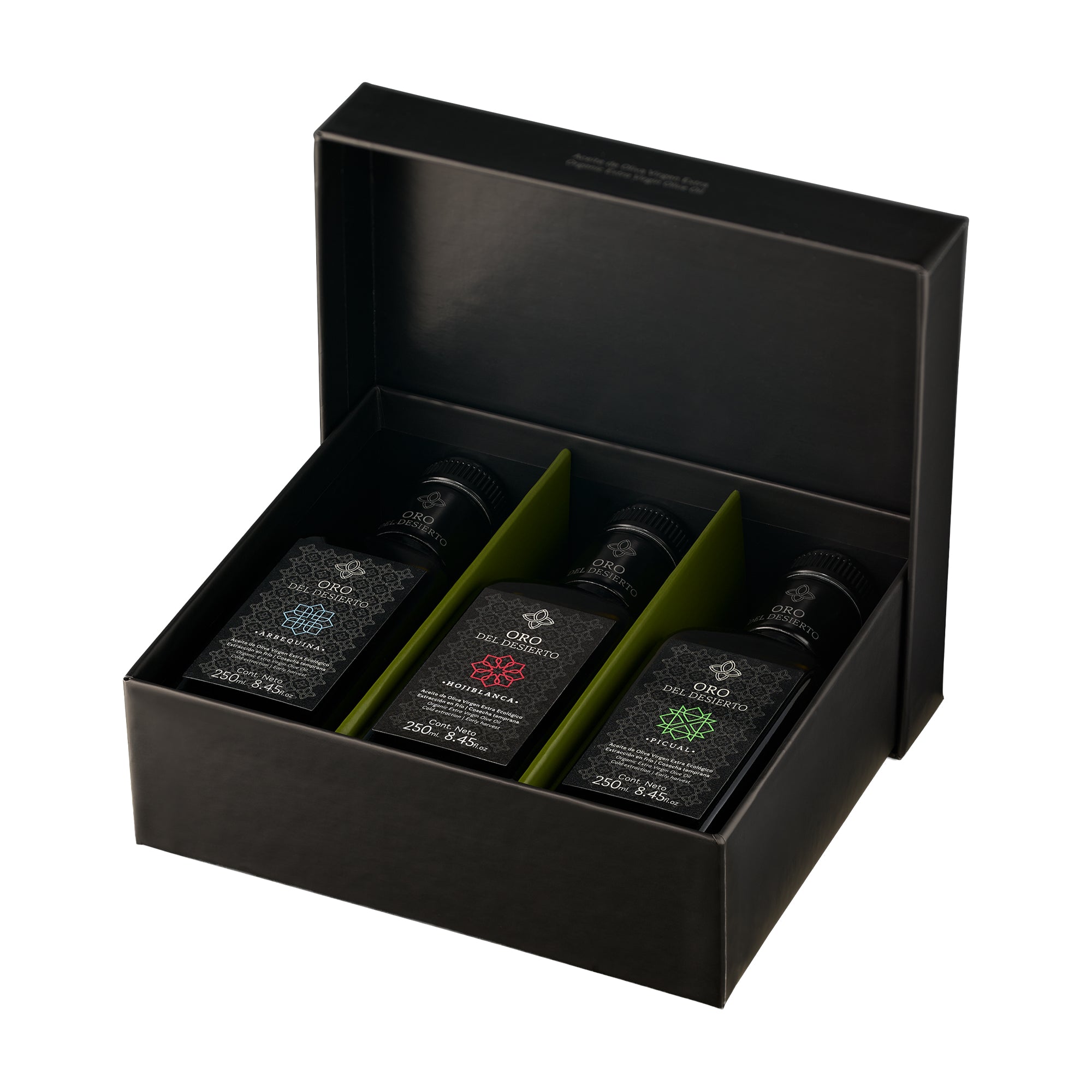 Open Oro del Desierto Organic Monocultivar gift box with three 250 ml Arbequina, Hojiblanca, and Picual olive oils.