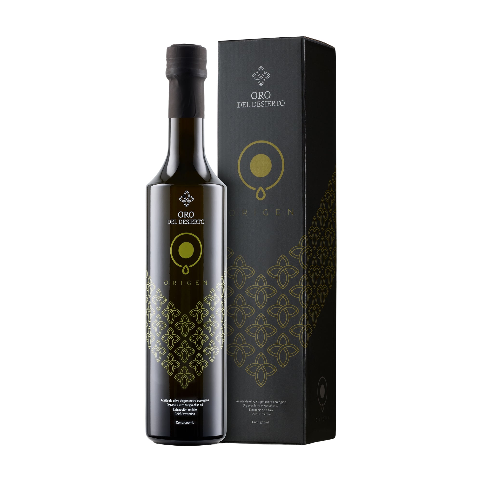 A 500 ml bottle of Oro del Desierto Organic Origen extra virgin olive oil, and its gift box.