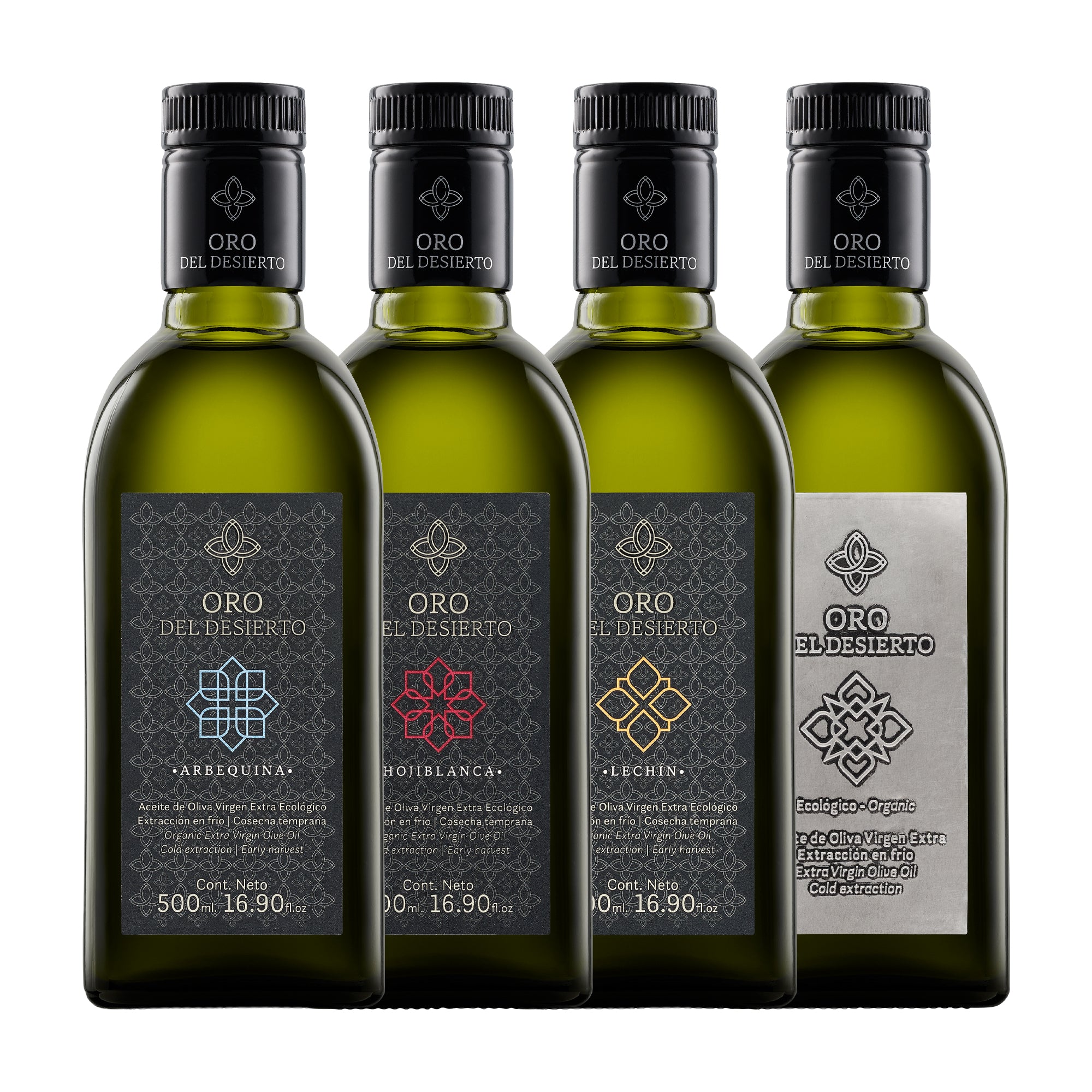 Four 500 ml organic olive oil bottles from Oro del Desierto; Arbequina, Hojiblanca, Lechin, and Coupage.
