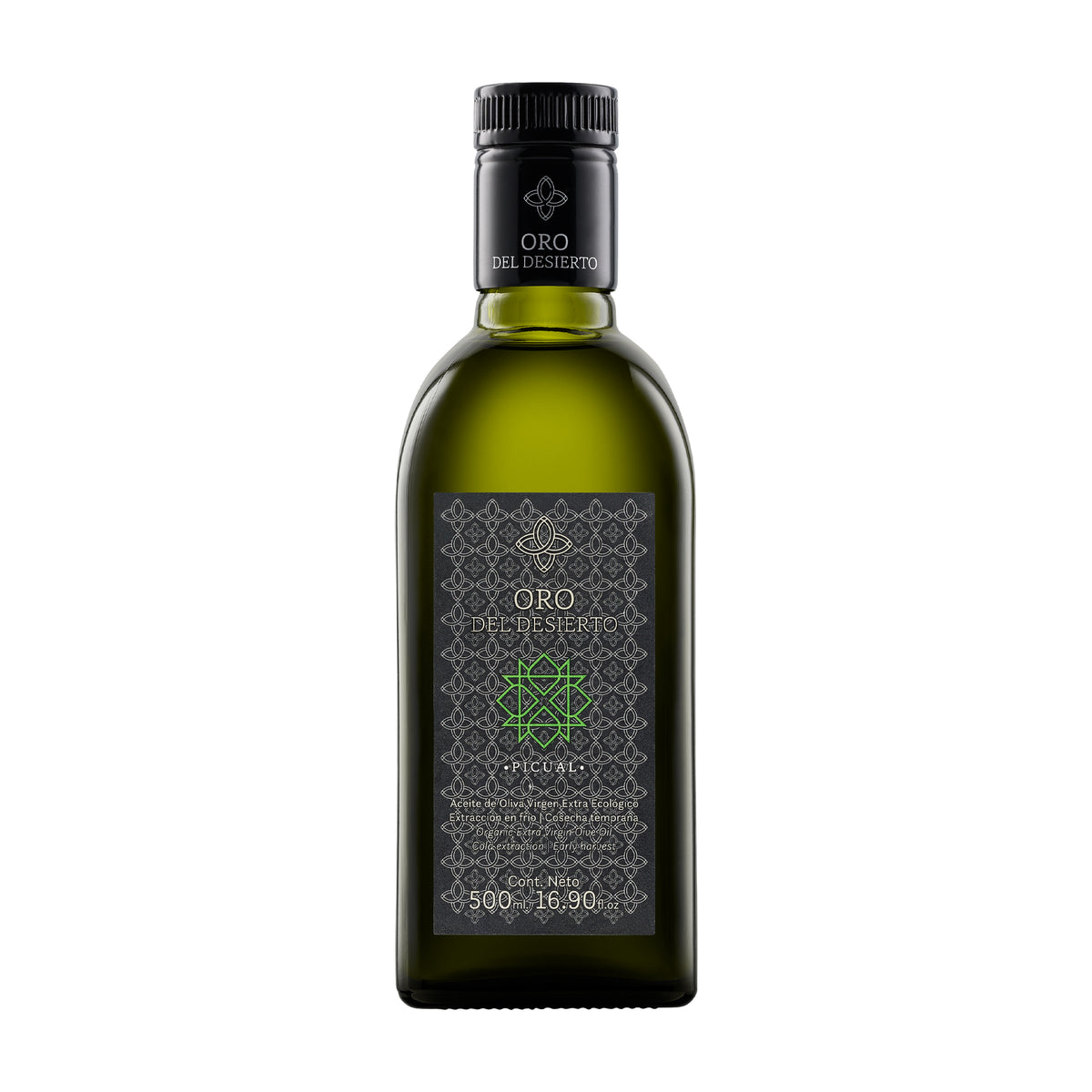 Oro del Desierto Picual organic extra virgin olive oil bottle, 500 ml, from Andalusia, Spain.