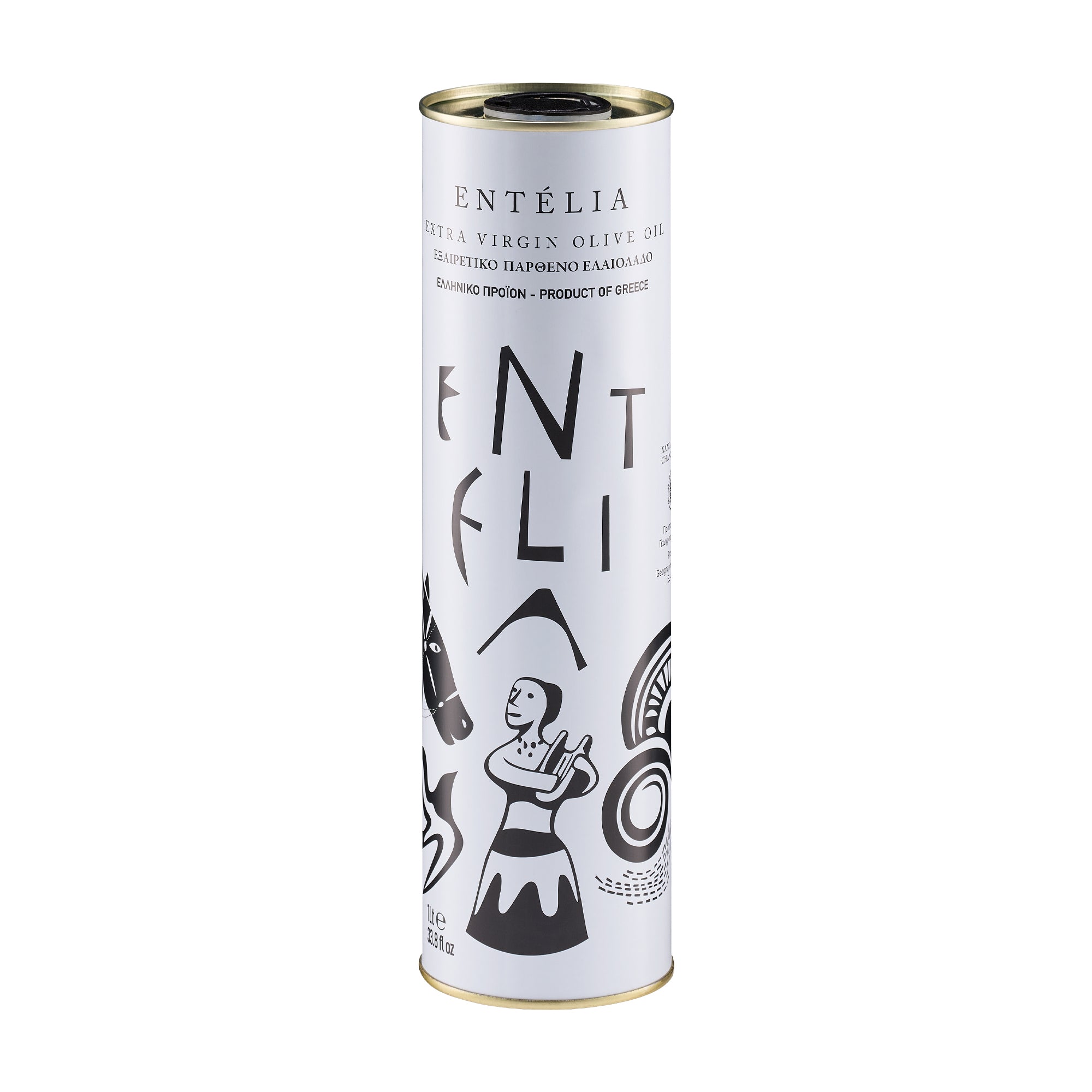 Entelia 1L extra virgin olive oil can from Crete, Greece.