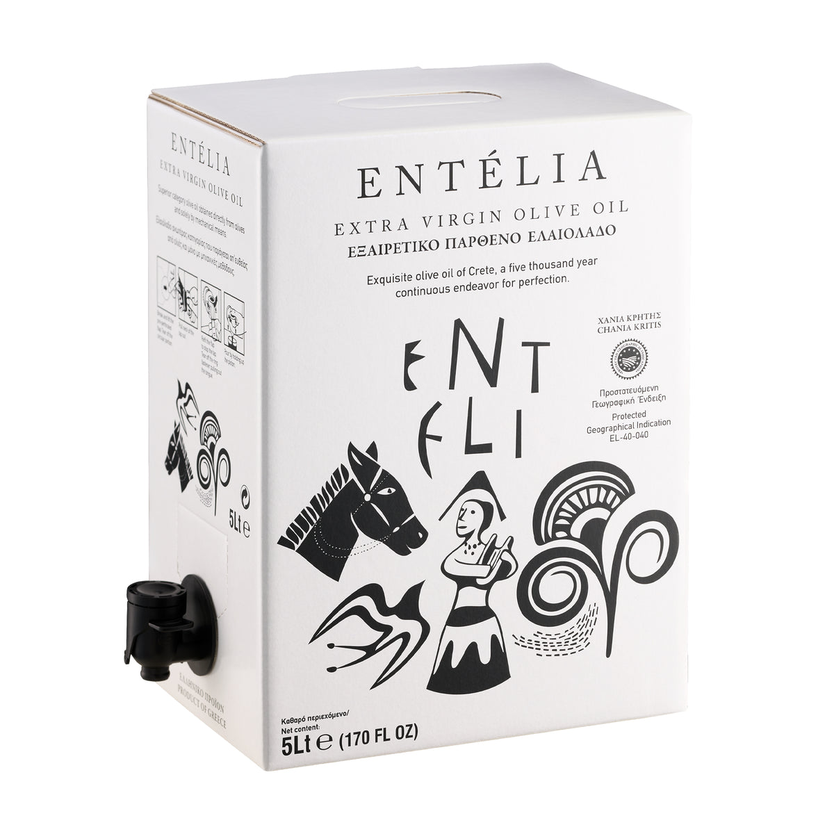Entelia 5L bag-in-box extra virgin olive oil with a spout.