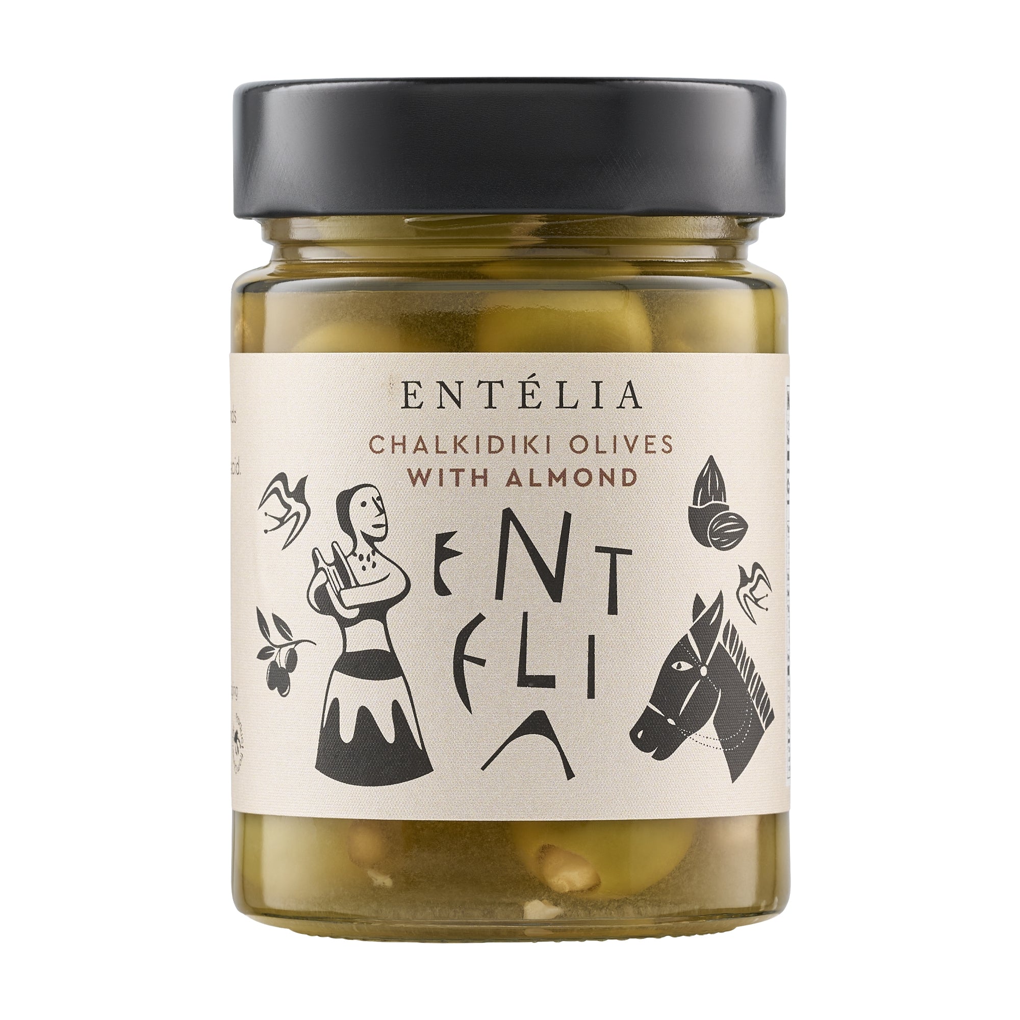 360g jar of Entelia Chalkidiki Olives with Almonds from Greece.