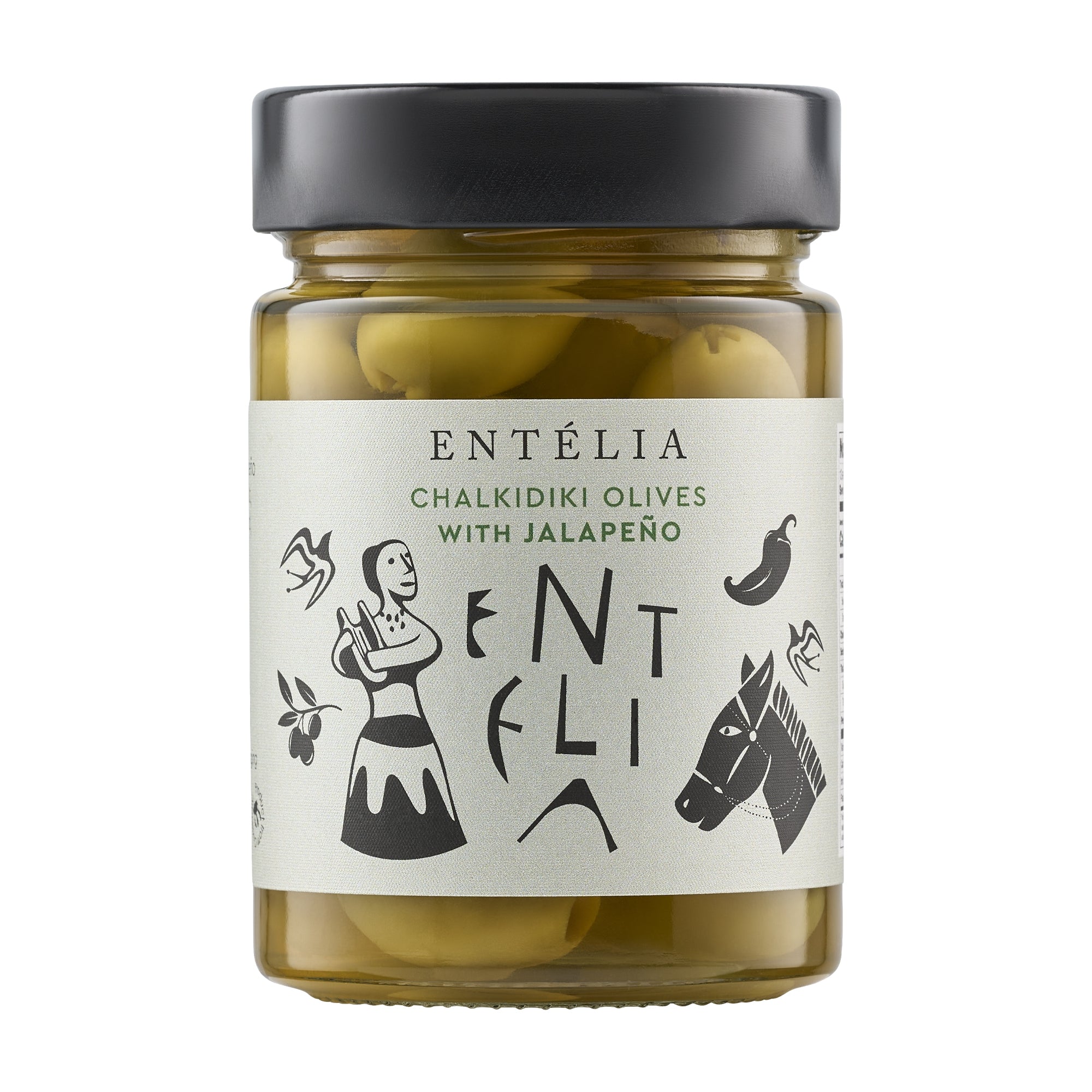 360g jar of Entelia Chalkidiki Olives with Jalapeño from Greece.
