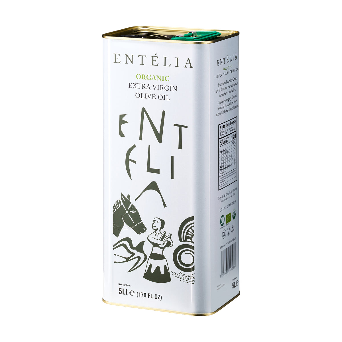 Angled view of Entelia Organic 5L Tin extra virgin olive oil.