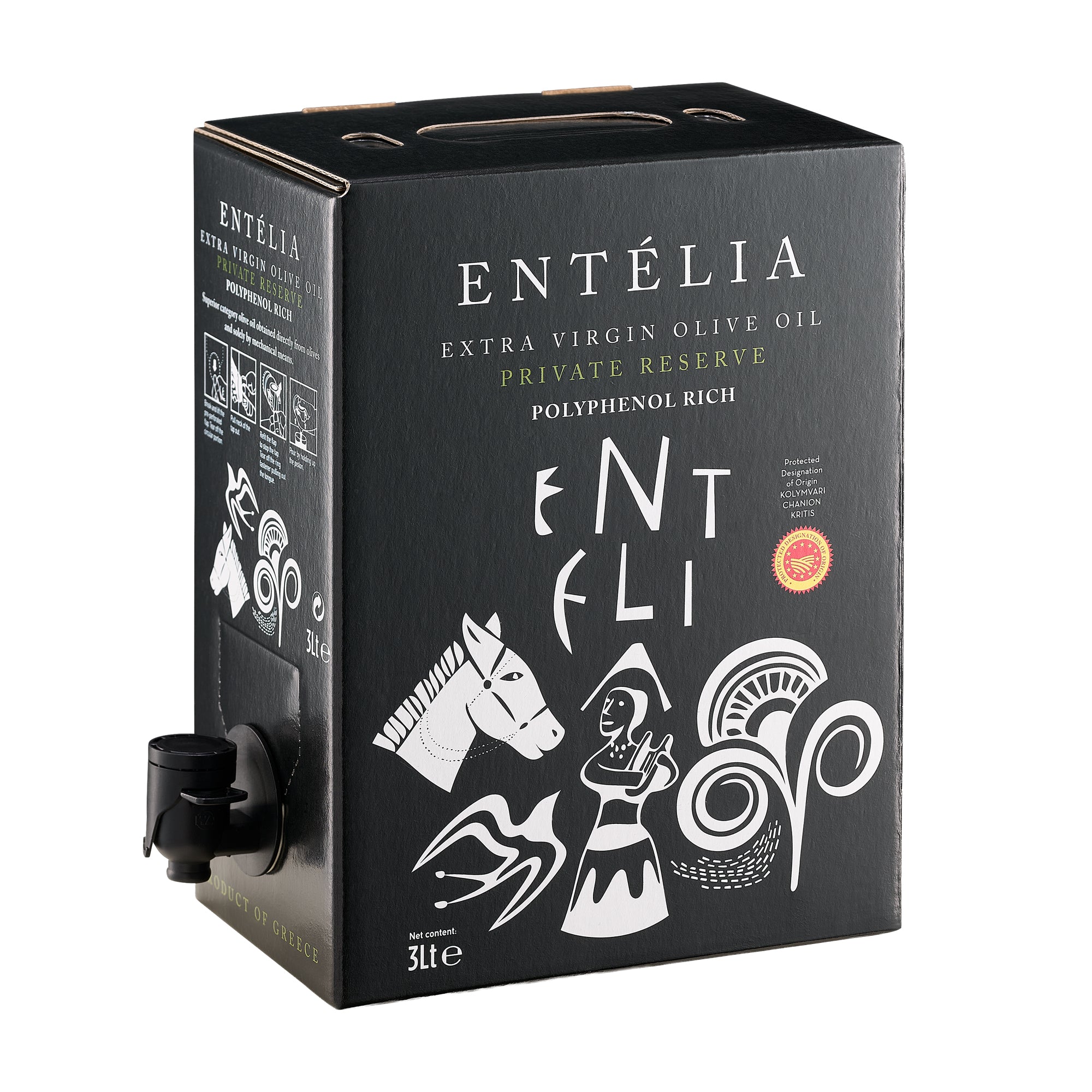 Entelia Private Reserve PDO Kolymvari 3L bag-in-box from Crete with dispensing spout extended.