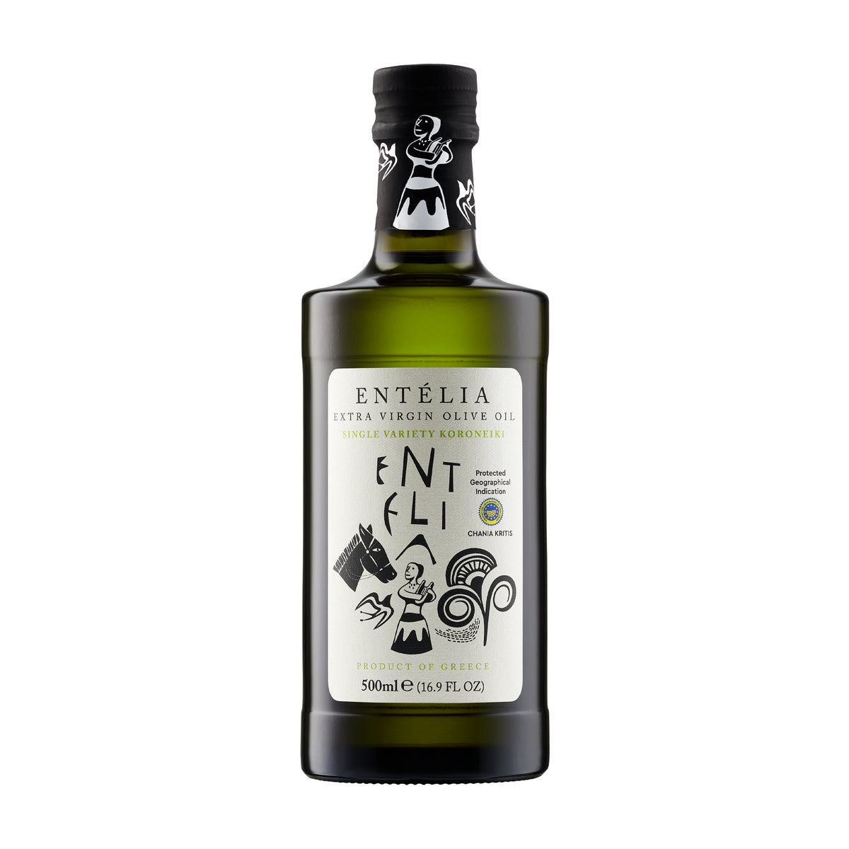 500ml Entelia single-variety Koroneiki extra virgin olive oil bottle.