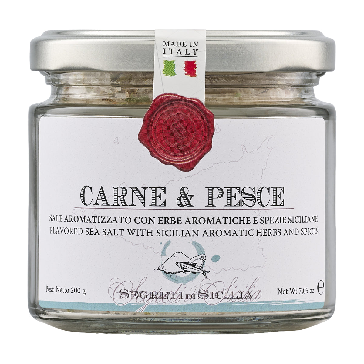 200g jar of Frantoi Cutrera Carne & Pesce Sicilian Sea Salt with Herbs & Spices.