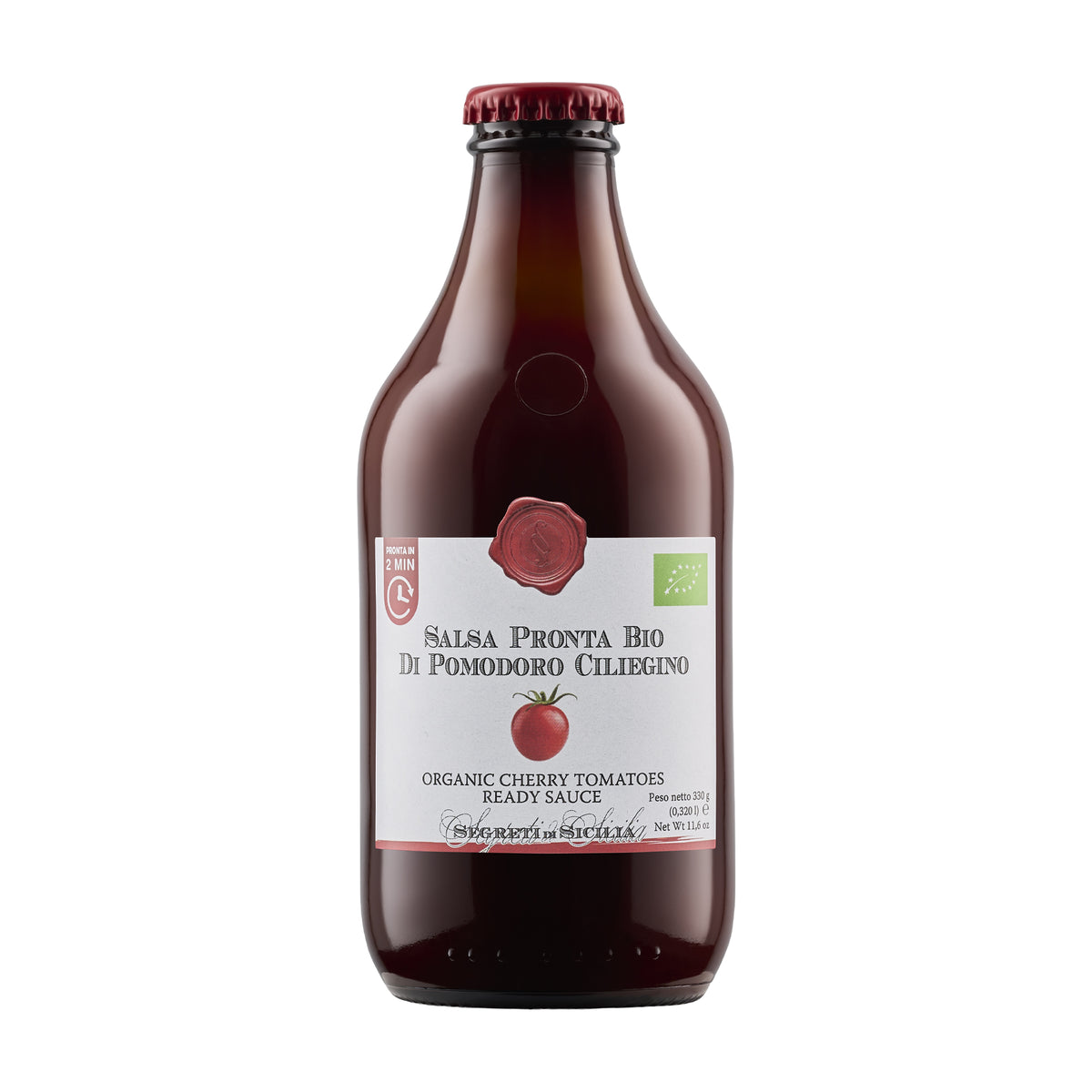 330g bottle of Frantoi Cutrera Organic Cherry Tomato Ready Sauce from Sicily, Italy.