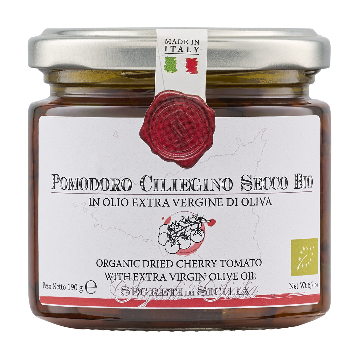 190g jar of Frantoi Cutrera Organic Dried Cherry Tomatoes from Italy.