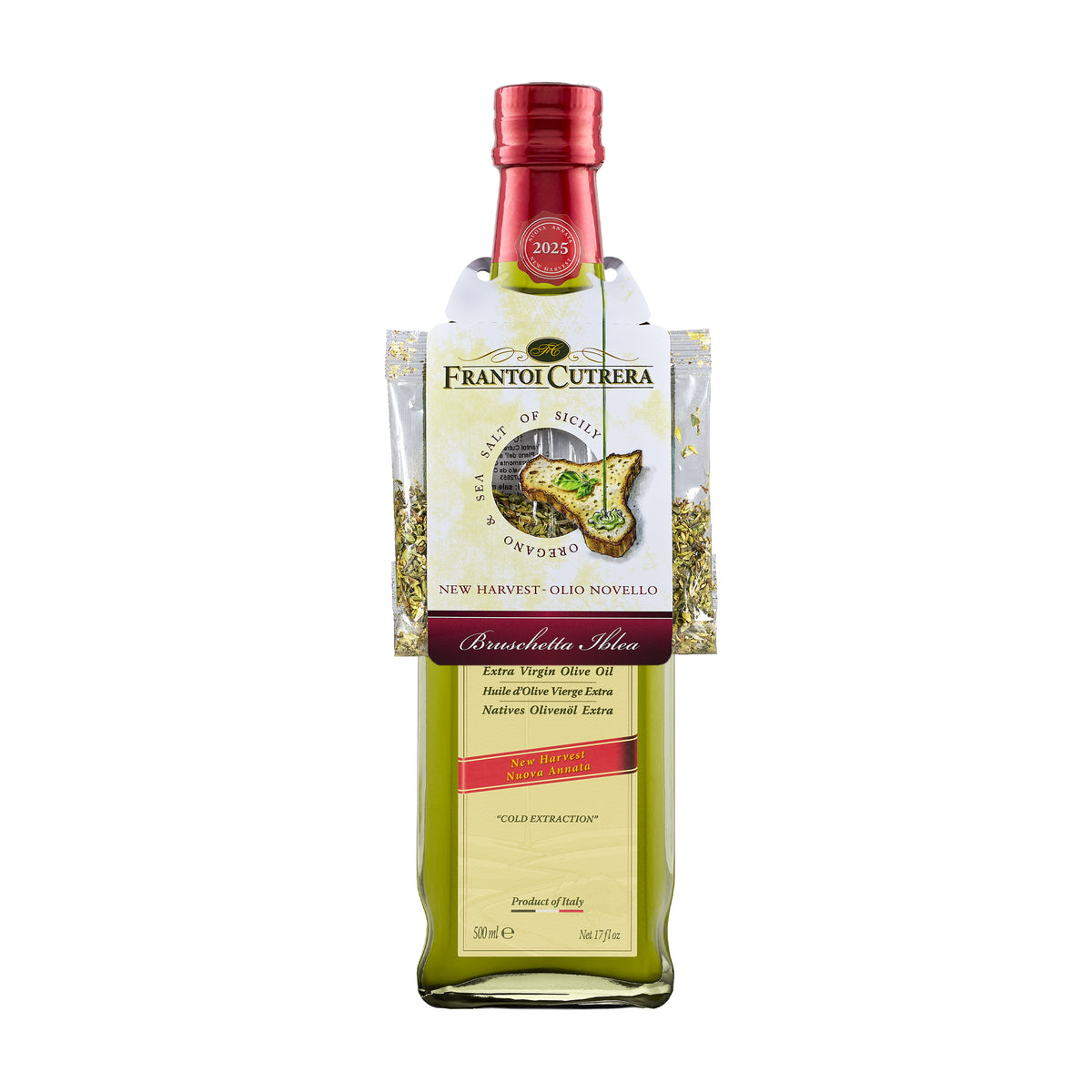 Frantoi Cutrera Frescolio Novello 500ml bottle with Sicilian sea salt and oregano packets.