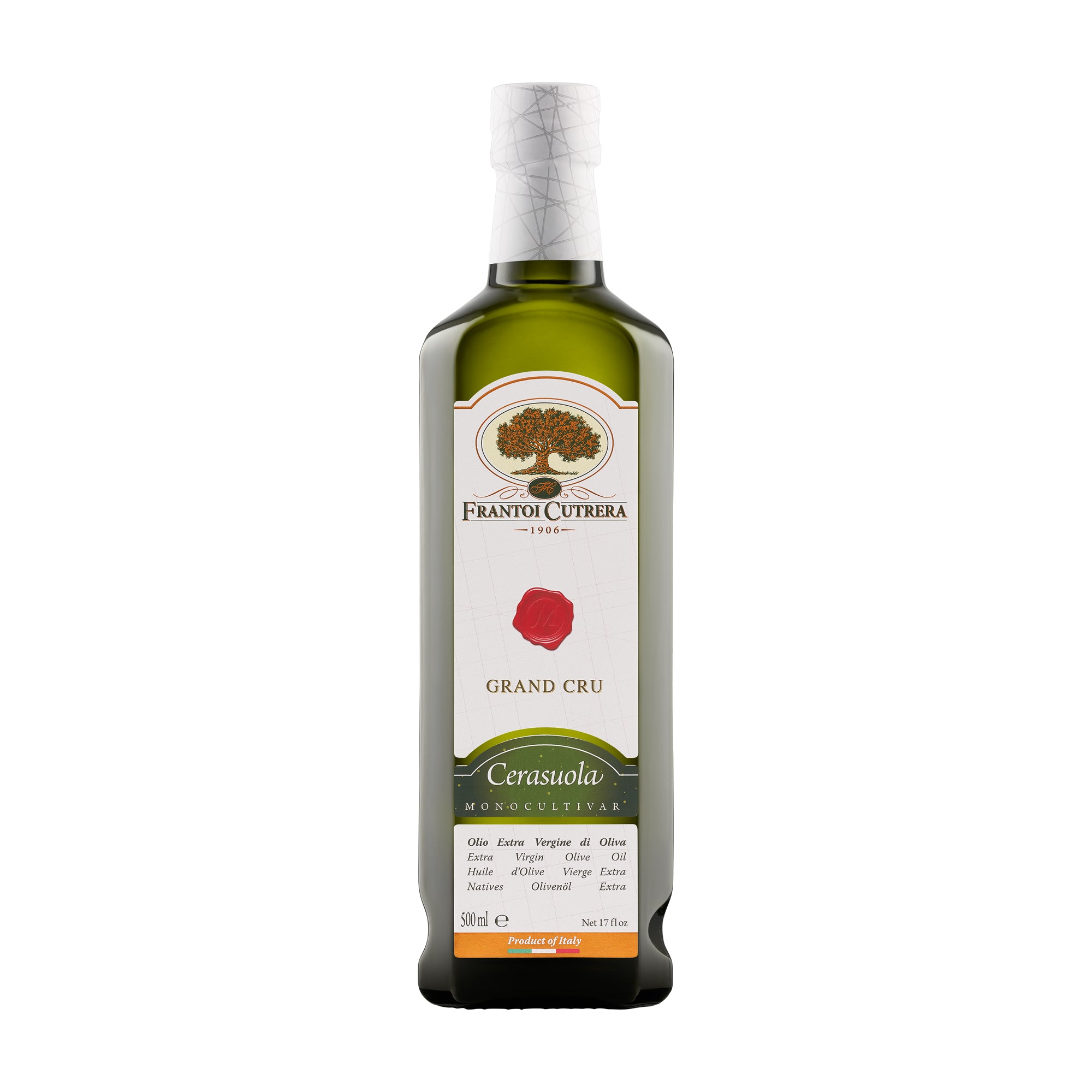 500 ml bottle of Frantoi Cutrera Grand Cru Cerasuola extra virgin olive oil from Sicily, Italy.