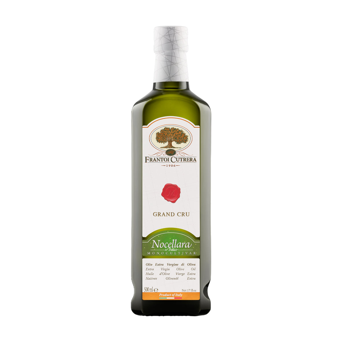 A 500 ml bottle of Frantoi Cutrera Grand Cru Nocellara del Belice extra virgin olive oil.