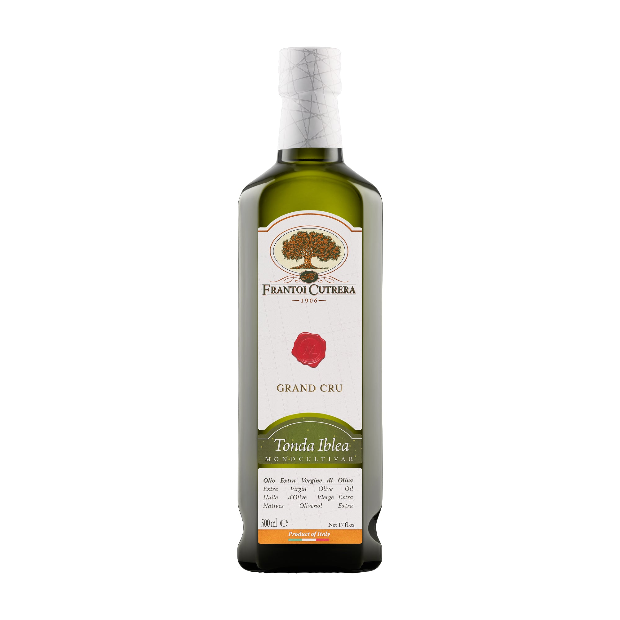 A 500 ml bottle of Frantoi Cutrera Grand Cru Tonda Iblea from Sicily, Italy.
