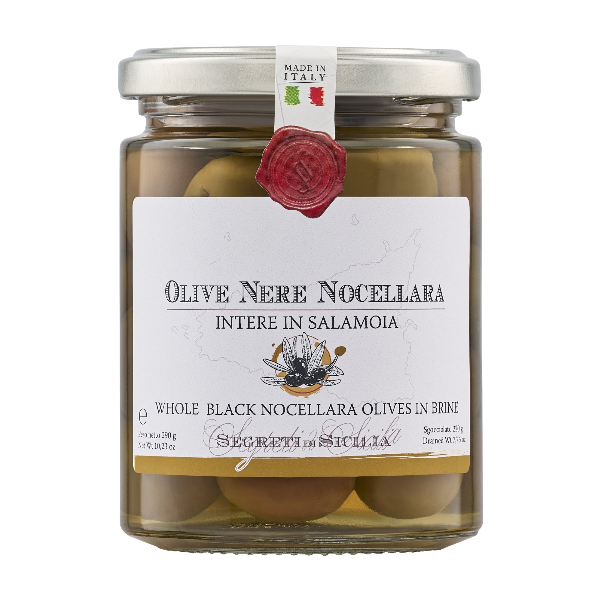 290g jar of Frantoi Cutrera Black Nocellara del Belice Olives in Brine.
