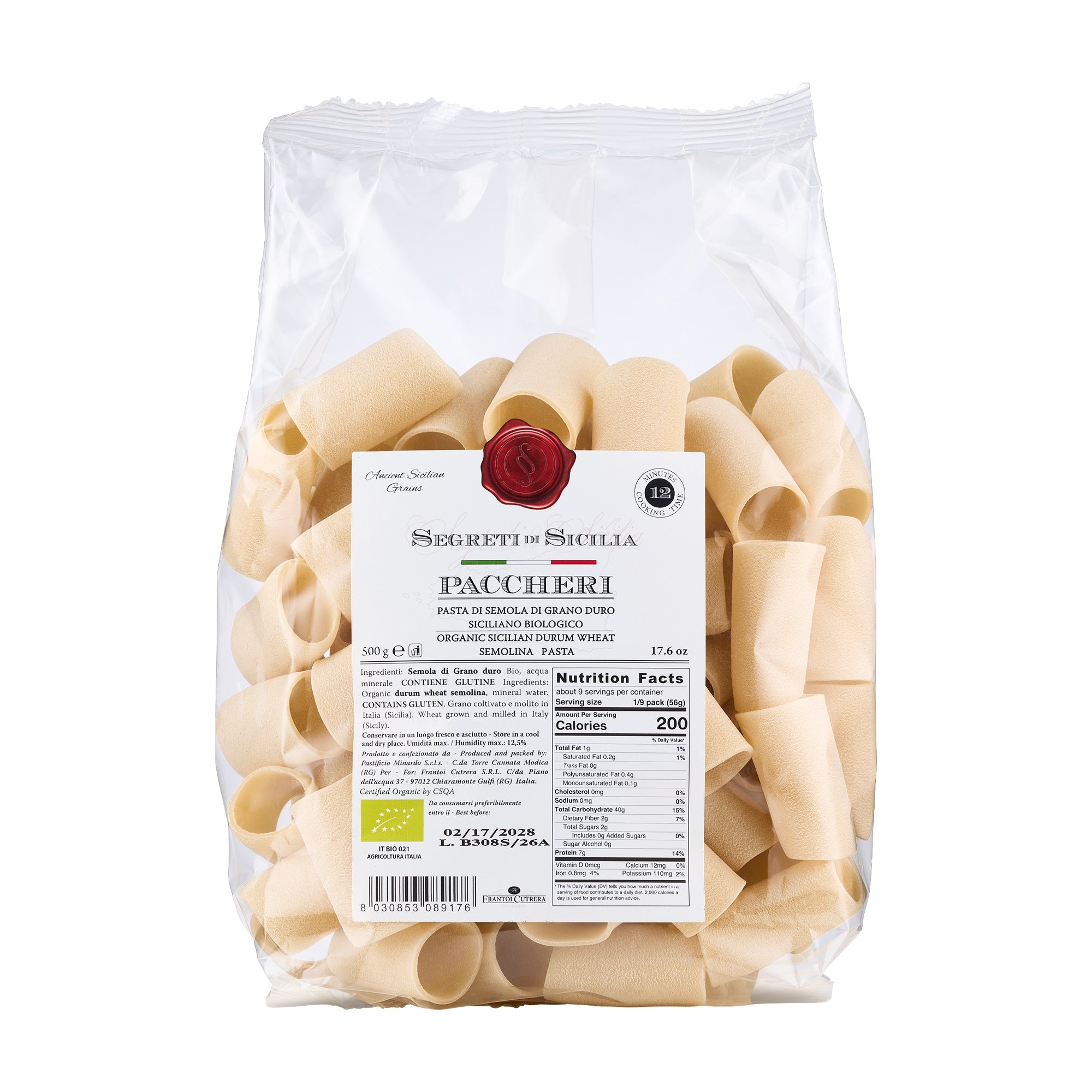 500gr bag of Frantoi Cutrera Organic Paccheri from Italy.