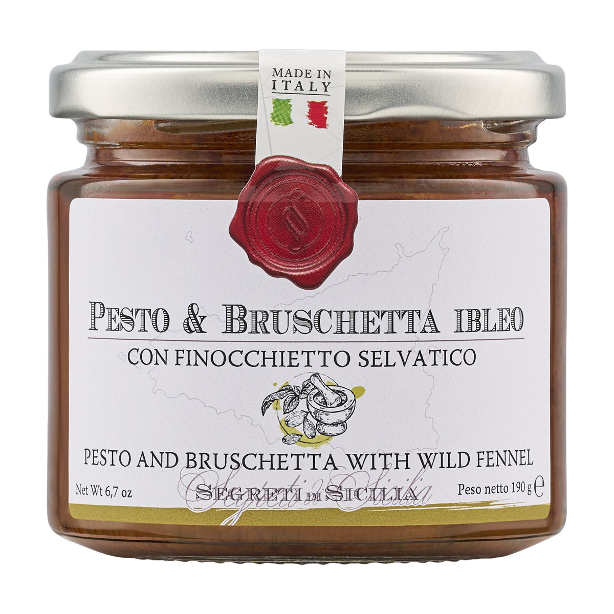 Frantoi Cutrera Pesto and Bruschetta in a 190g glass jar.