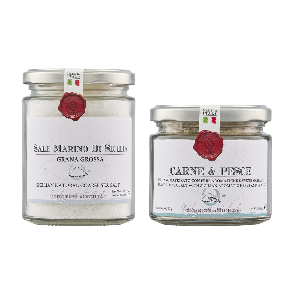 Frantoi Cutrera Set with Sicilian Natural Coarse Sea Salt, and Carne & Pesce Sicilian Sea Salt with Herbs & Spices.