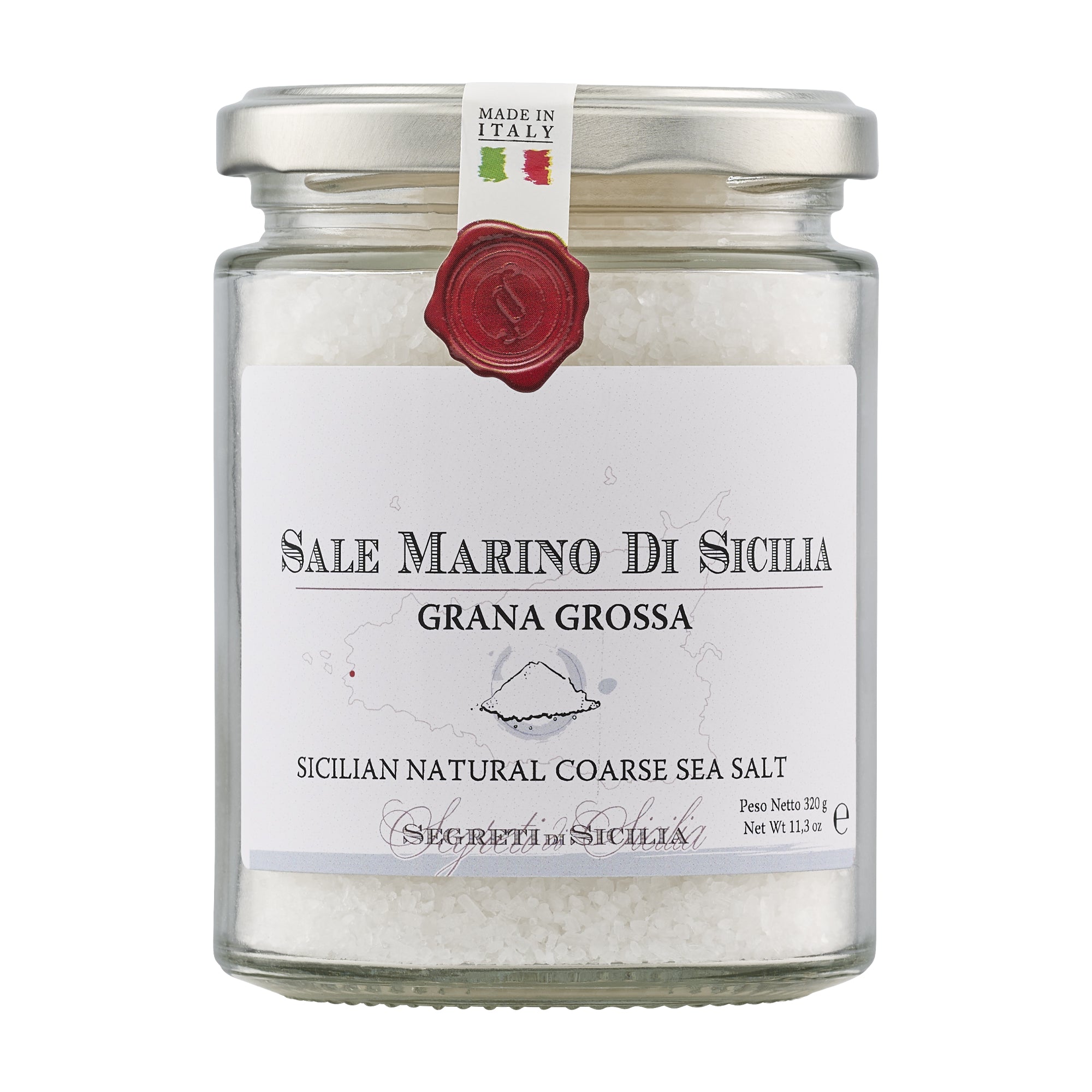 320g glass jar of Frantoi Cutrera Sicilian Natural Coarse Sea Salt from Italy.