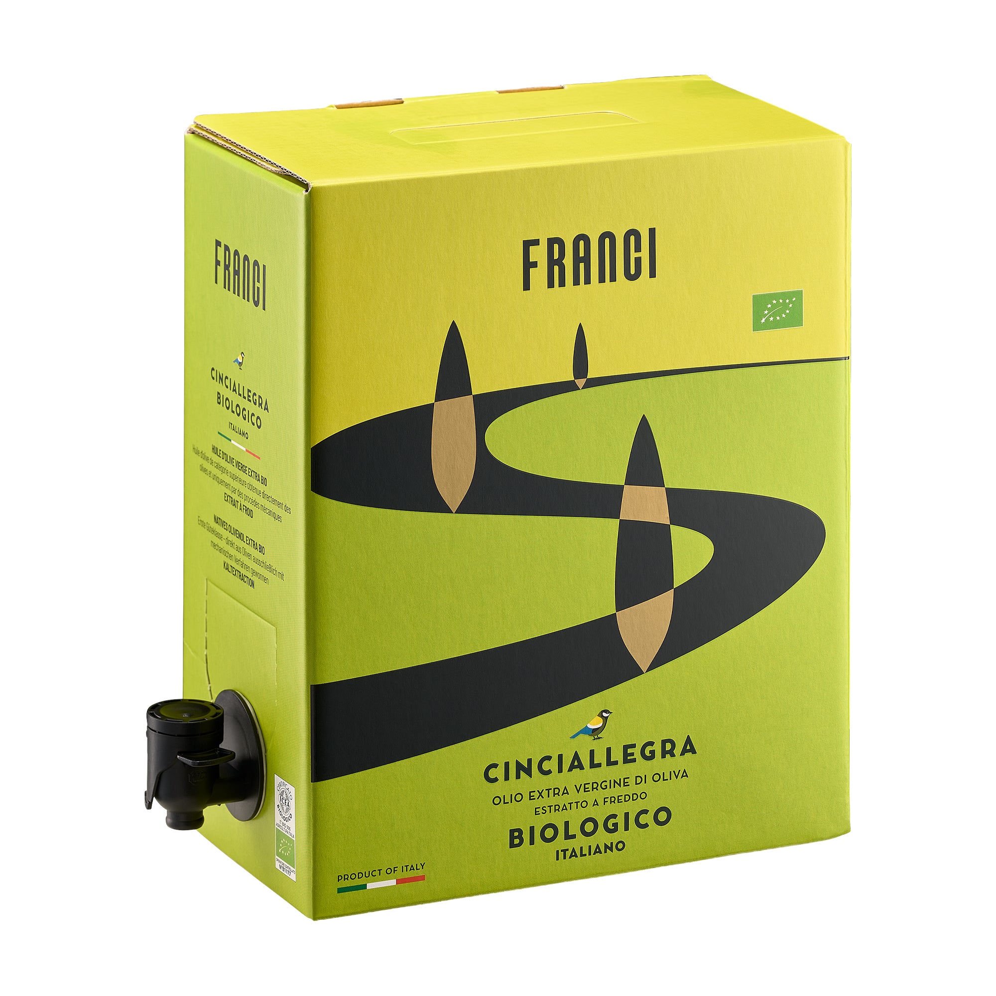 Franci Bio Organic 3L Bag-in-Box with a black dispensing spout extended.