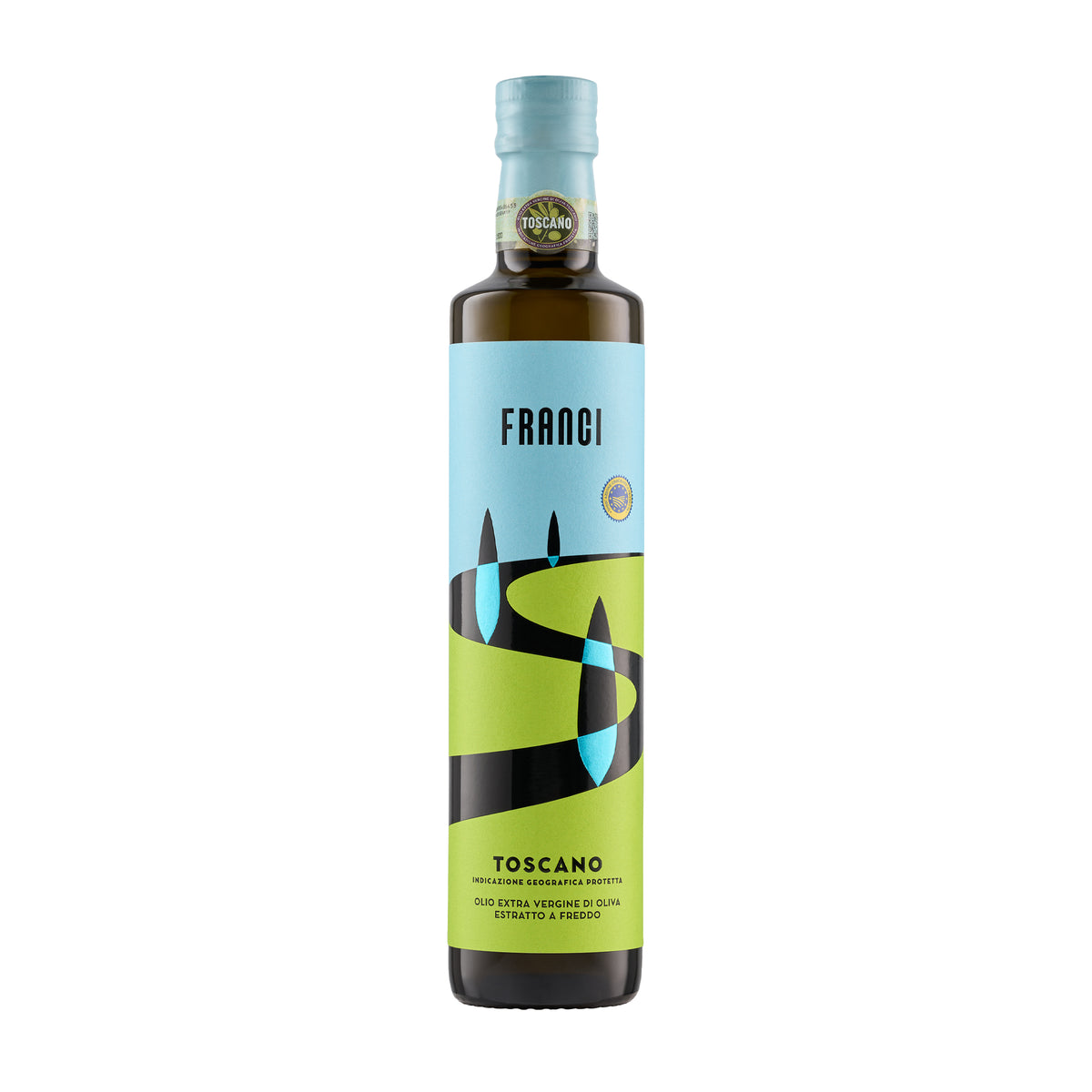 A 500 ml bottle of Franci IGP Toscano extra virgin olive oil from Tuscany, Italy.
