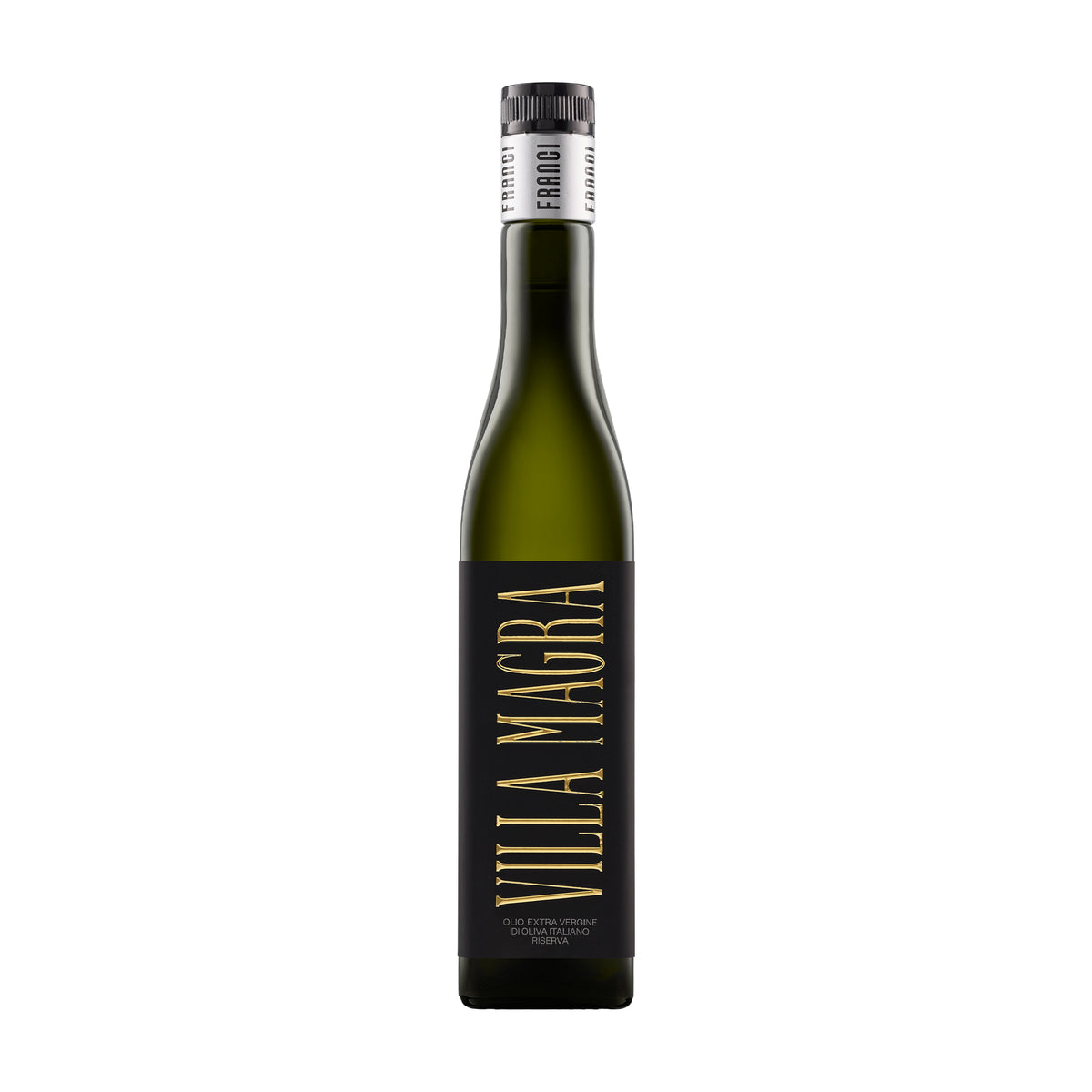 A 500 ml bottle of Franci Villa Magra extra virgin olive oil, from Tuscany, Italy.