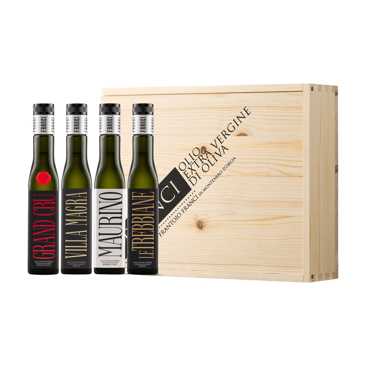 Frantoio Franci set with four 250 ml extra virgin olive oil bottles and an elegant wooden gift box.