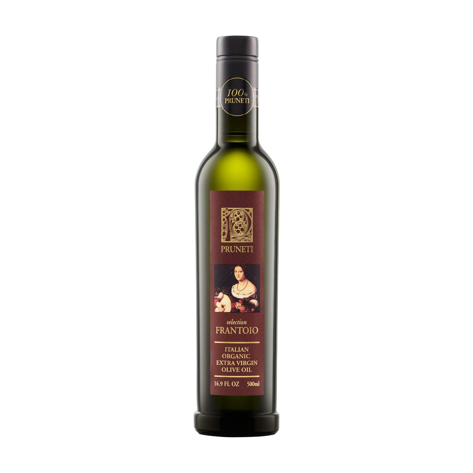 Pruneti Frantoio Biologico 500 ml organic extra virgin olive oil bottle from Tuscany, Italy.