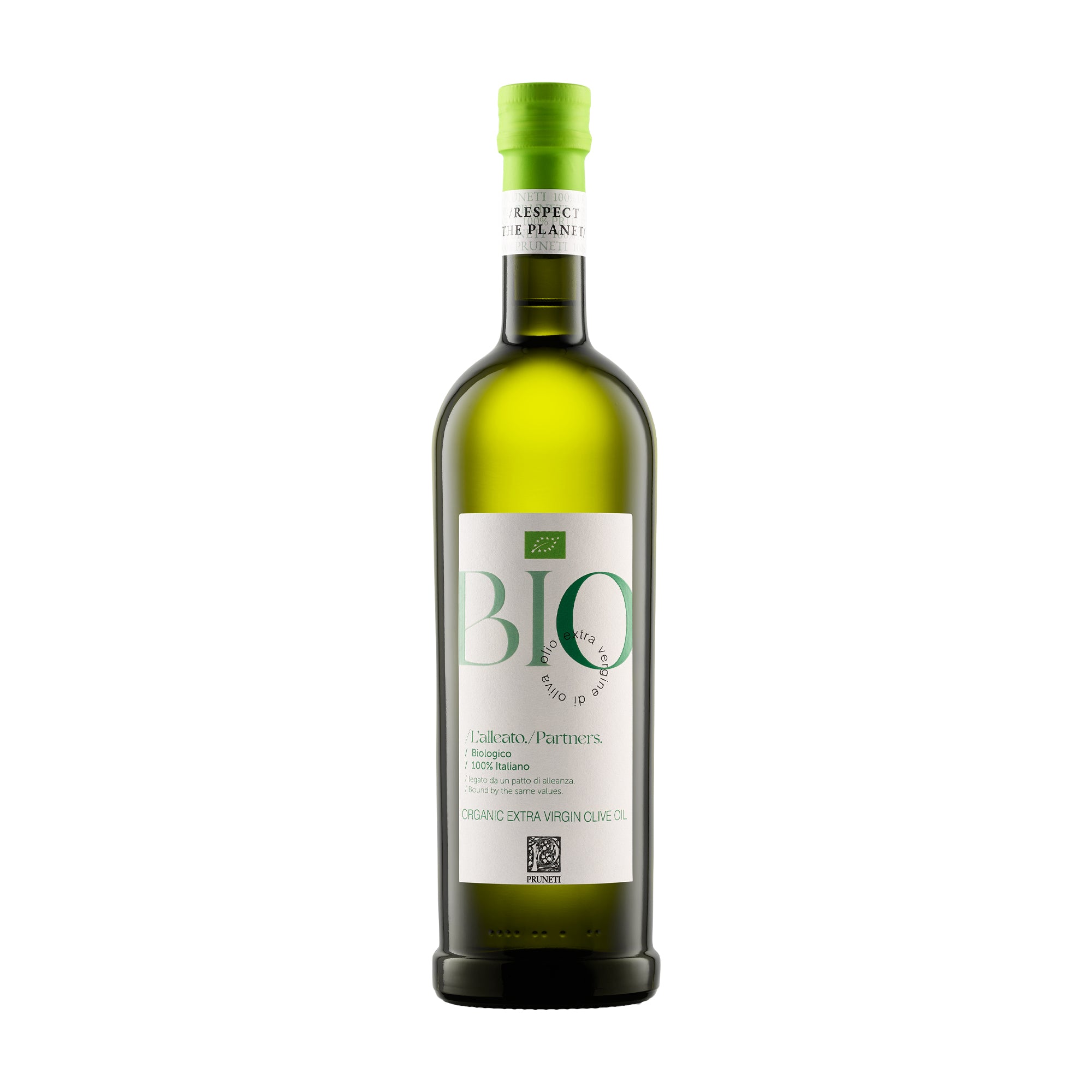 750ML bottle of Pruneti L'Alleato Organic extra virgin olive oil from Tuscany, Italy.
