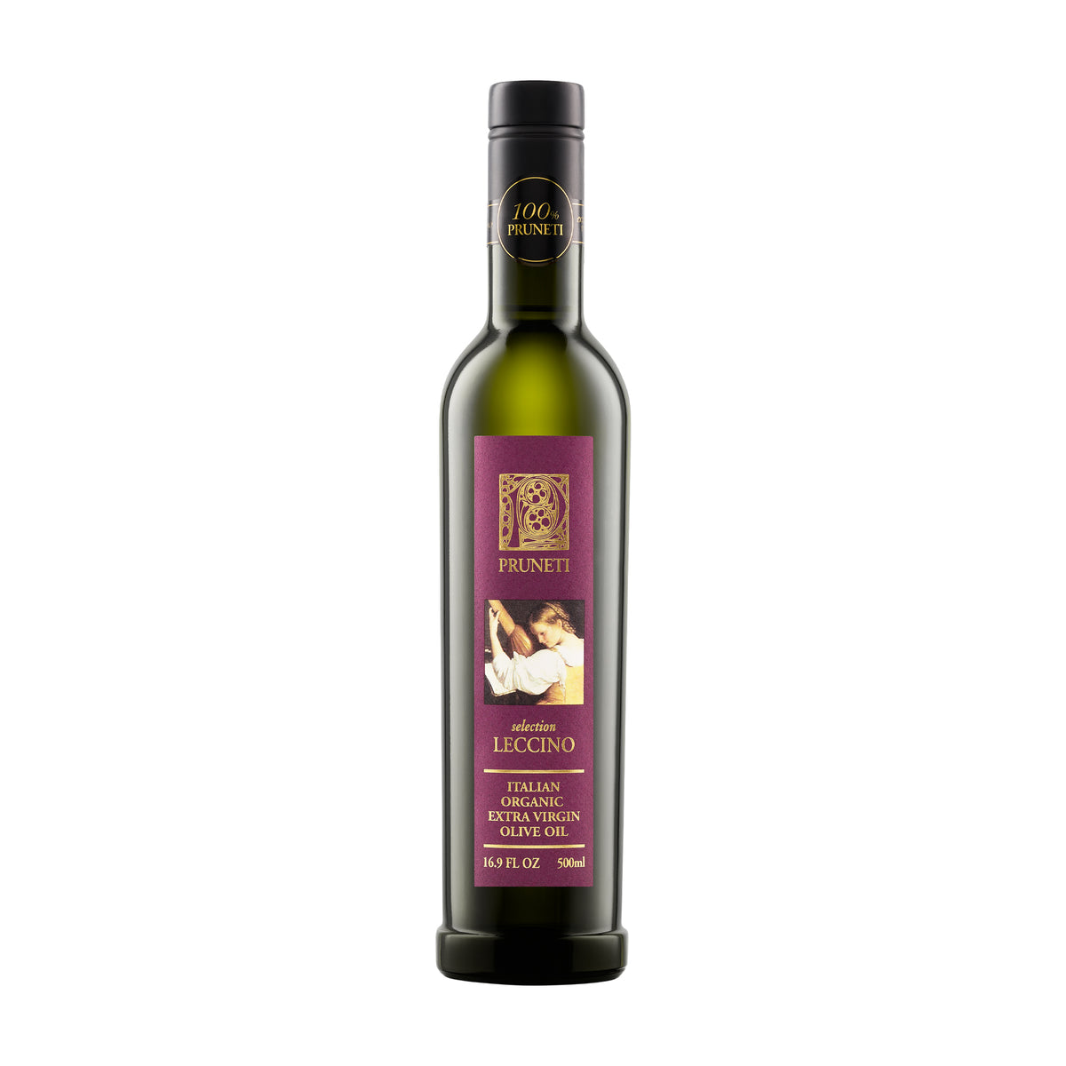 500 ml bottle of Pruneti Leccino Biologico extra virgin olive oil from Tuscany, Italy.