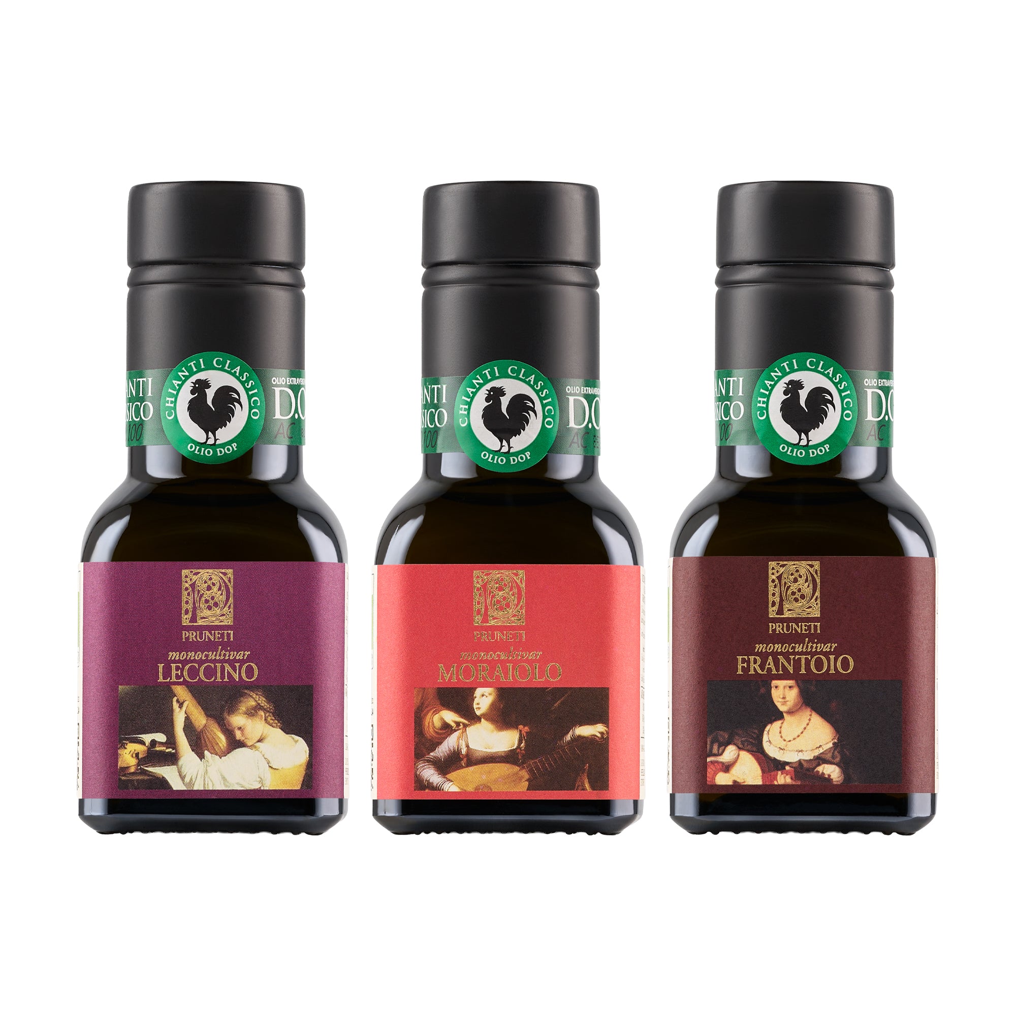 Pruneti Organic Monocultivar Sampler set with three 100 ml bottles; Leccino, Moraiolo, Frantoio.