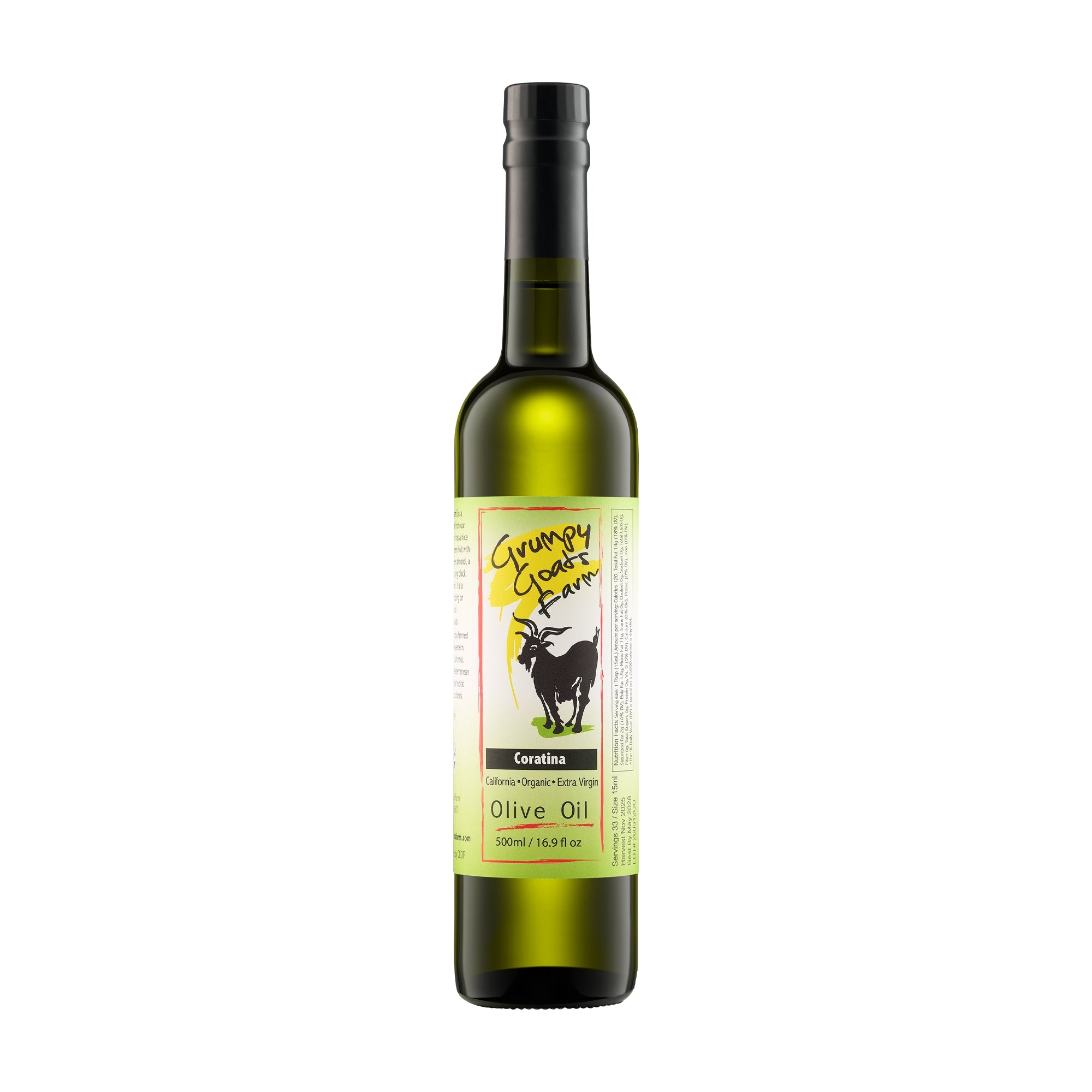 500 ml Grumpy Goats Organic Coratina extra virgin olive oil bottle from California, USA.