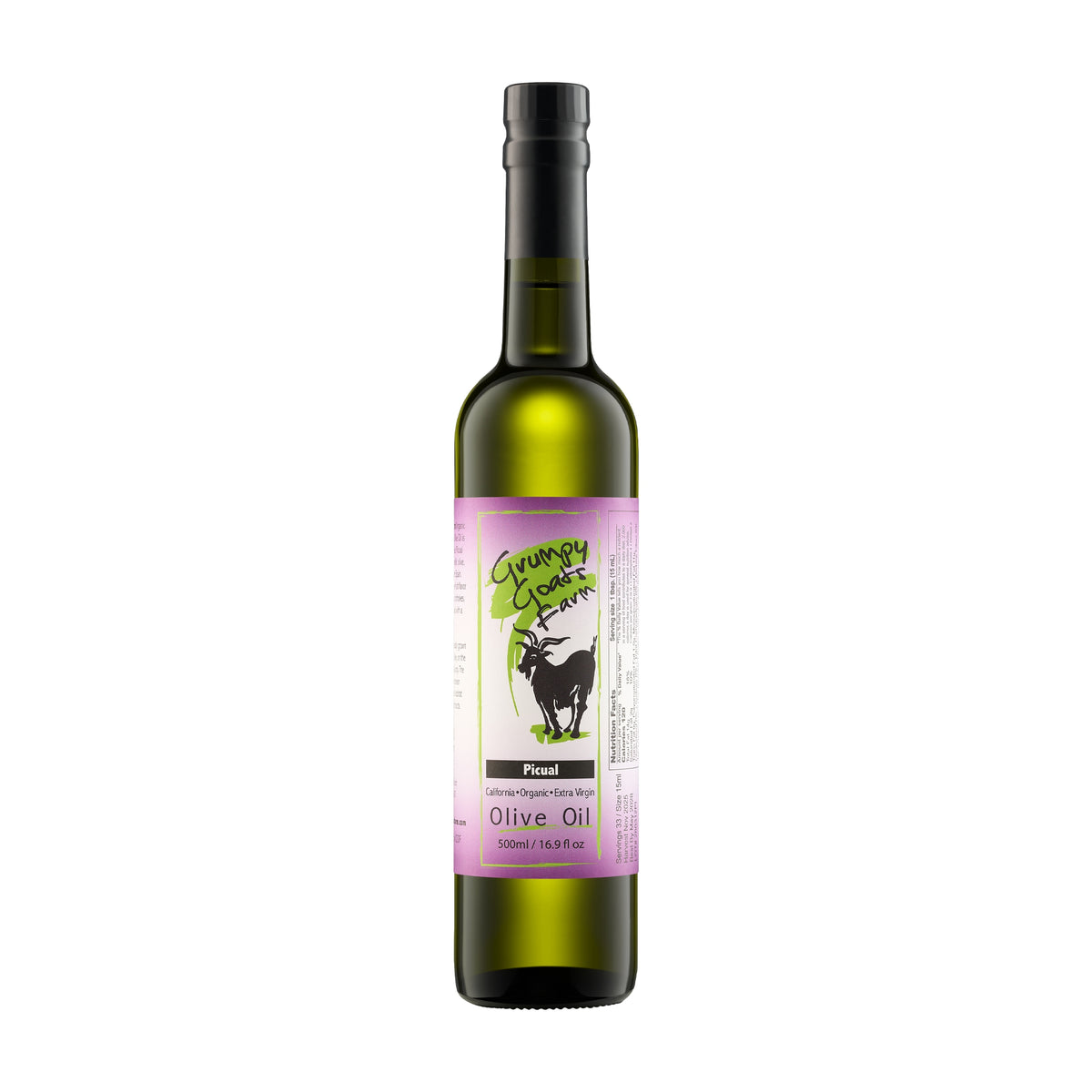 500 ml Grumpy Goats Organic Picual extra virgin olive oil bottle from California, United States.