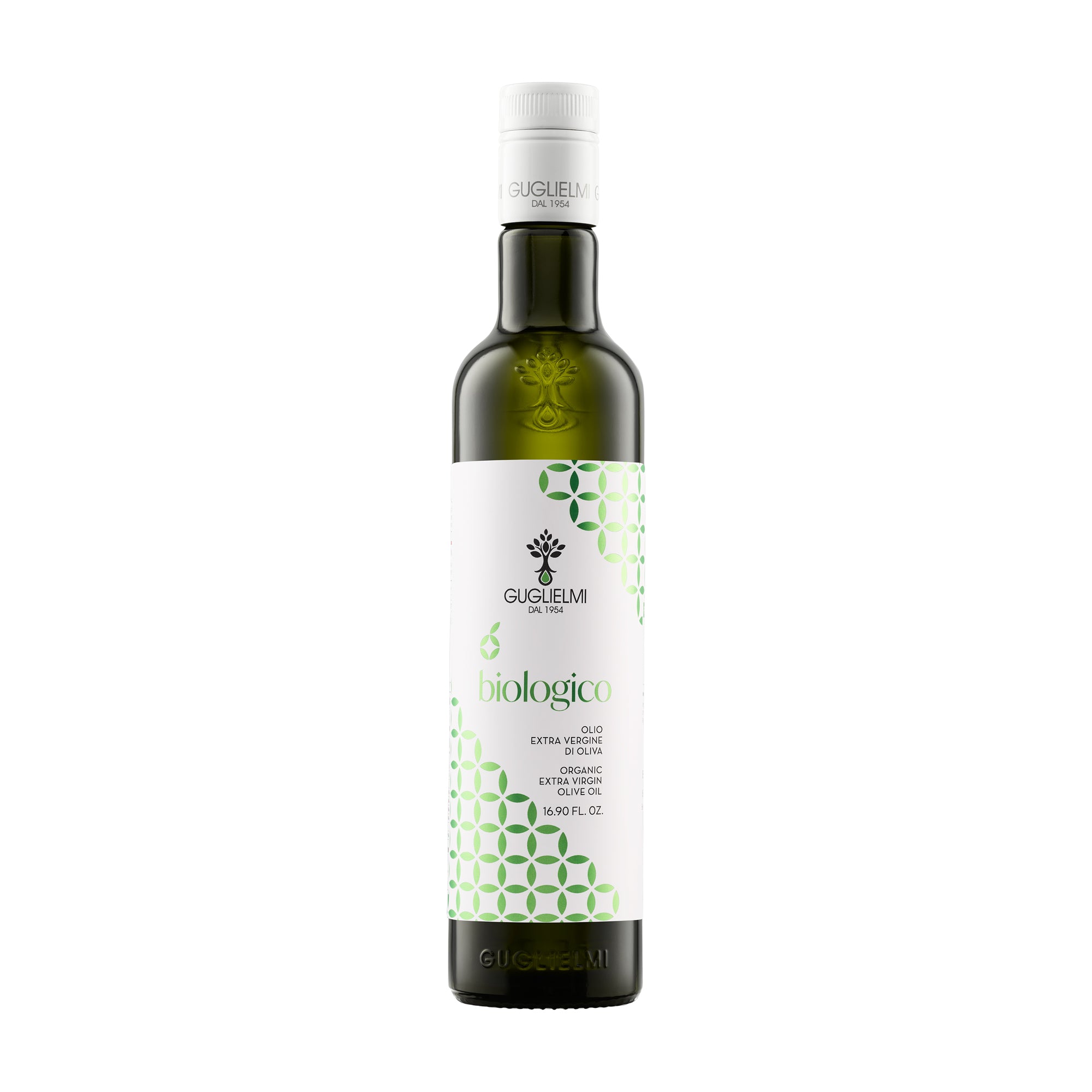 A 500 ml bottle of Guglielmi Biologico extra virgin olive oil from Puglia, Italy.