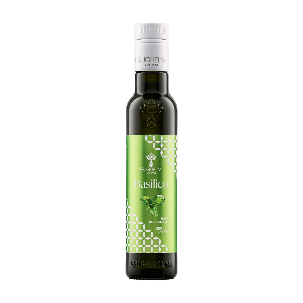 250 ml bottle of Olio Guglielmi Crushed Basil flavored extra virgin olive oil.
